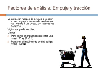 Factores de análisis. Empuje y tracción

Se aplicarán fuerzas de empuje o tracción
   a una carga por encima de la altura de
   los nudillos y por debajo del nivel de los
   hombros.
Vigilar apoyo de los pies.
Límites:
   Para poner en movimiento o parar una
   carga: 25 kg (250 N)
   Mantener el movimiento de una carga:
   10 kg (100 N)
 