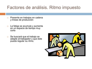 Factores de análisis. Ritmo impuesto

 Presente en trabajos en cadena
 y líneas de producción

 La fatiga se acumula y aumenta
 en un espacio de tiempo muy
 corto

 Se buscará que el trabajo se
 adapte al trabajador y que éste
 pueda regular su ritmo.
 