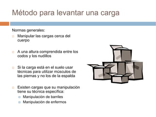 Método para levantar una carga

Normas generales:
  Manipular las cargas cerca del
  cuerpo

  A una altura comprendida entre los
  codos y los nudillos

  Si la carga está en el suelo usar
  técnicas para utilizar músculos de
  las piernas y no los de la espalda

  Existen cargas que su manipulación
  tiene su técnica específica:
     Manipulación de barriles
     Manipulación de enfermos
 