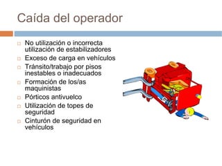 Caída del operador
 No utilización o incorrecta
 utilización de estabilizadores
 Exceso de carga en vehículos
 Tránsito/trabajo por pisos
 inestables o inadecuados
 Formación de los/as
 maquinistas
 Pórticos antivuelco
 Utilización de topes de
 seguridad
 Cinturón de seguridad en
 vehículos
 
