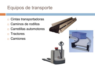 Equipos de transporte

 Cintas transportadoras
 Caminos de rodillos
 Carretillas automotores
 Tractores
 Camiones
 