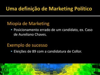 Marketing Político: Ondesurgiu, quando e comoO Marketing político teve sua origem baseada na propaganda latente da época dos regimes ditatoriais, como o nazismo e o comunismo soviéticoEm 1952, nos EUA, DwightEisenhower contratou uma agência de publicidade para uma campanha na televisão pela primeira vez na história (Marketing Político Moderno)