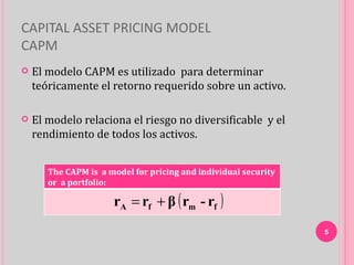 CAPITAL ASSET PRICING MODEL
CAPM
   El modelo CAPM es utilizado para determinar
    teóricamente el retorno requerido sobre un activo.

   El modelo relaciona el riesgo no diversificable y el
    rendimiento de todos los activos.


       The CAPM is a model for pricing and individual security
       or a portfolio:

                      rA = rf + β ( rm - rf )
                                                                 5
 