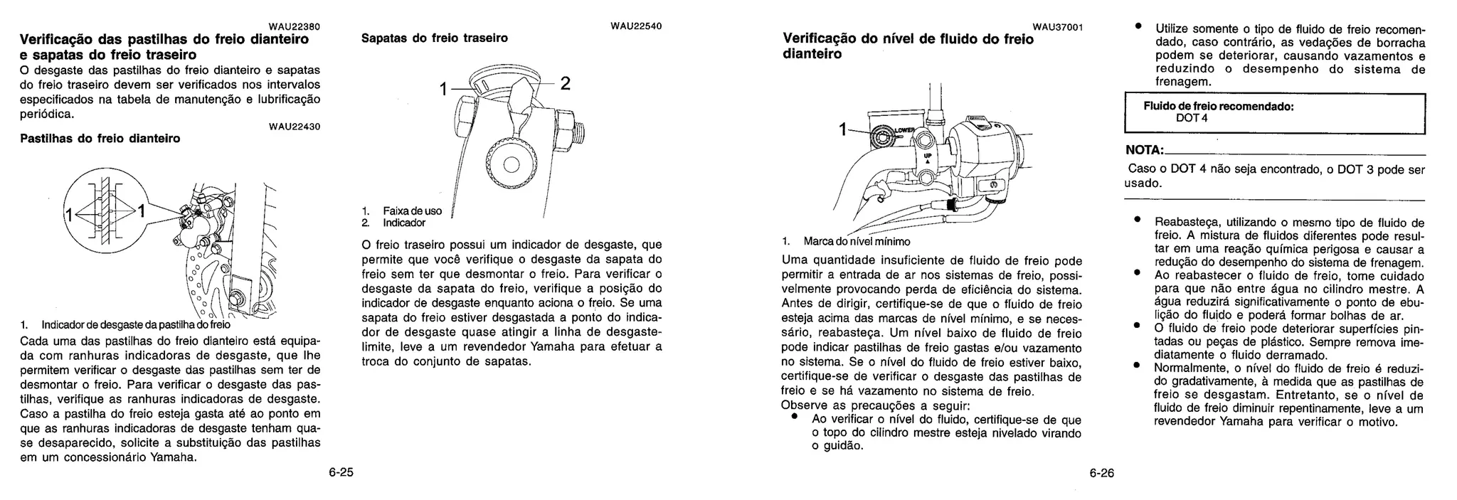 1. Faixa de uso 4
2. lndicador
WAU22540 WAU37001
Verificação do ravel de fluido do freio
dianteiro
WAU22380
Verificação das pastilhas do freio dianteiro
e sapatas do freio traseiro
0 desgaste das pastilhas do freio dianteiro e sapatas
do freio traseiro devem ser verificados nos intervalos
especificados na tabela de manutengão e lubrificação
periodica.
WAU22430
Pastilhas do freio dianteiro
.54
1,4)
o „
1. Indicador de desgaste da pastilha do freio
Cada uma das pastilhas do freio dianteiro esta equipa-
da com ranhuras indicadoras de desgaste, que !he
permitem verificar o desgaste das pastilhas sem ter de
desmontar o freio. Para verificar o desgaste das pas-
tilhas, verifique as ranhuras indicadoras de desgaste.
Caso a pastilha do freio esteja gasta até ao ponto em
que as ranhuras indicadoras de desgaste tenham qua-
se desaparecido, solicite a substituição das pastilhas
em um concessionario Yamaha.
Sapatas do freio traseiro
0 freio traseiro possui um indicador de desgaste, que
permite que você verifique o desgaste da sapata do
freio sem ter que desmontar o freio. Para verificar o
desgaste da sapata do freio, verifique a posição do
indicador de desgaste enquanto aciona o freio. Se uma
sapata do freio estiver desgastada a ponto do indica-
dor de desgaste quase atingir a linha de desgaste-
limite, leve a um revendedor Yamaha para efetuar a
troca do conjunto de sapatas.
1. Marca do nivel minimo
Uma quantidade insuficiente de fluido de freio pode
permitir a entrada de ar nos sistemas de freio, possi-
velmente provocando perda de eficiência do sistema.
Antes de dirigir, certifique-se de que o fluid° de freio
esteja acima das marcas de nível minim°, e se neces-
sari°, reabasteça. Um nfvel baixo de fluido de freio
pode indicar pastilhas de freio gastas e/ou vazamento
no sistema. Se o ravel do fluido de freio estiver baixo,
certifique-se de verificar o desgaste das pastilhas de
freio e se há vazamento no sistema de freio.
Observe as precauções a seguir:
• Ao verificar o nível do fluido, certifique-se de que
o topo do cilindro mestre esteja nivelado virando
o guiddo.
• Utilize somente o tipo de fluido de freio recomen-
dado, caso contrdrio, as vedações de borracha
podem se deteriorar, causando vazamentos e
reduzindo o desempenho do sistema de
frenagem.
Fluido de freio recomendado:
DOT4
NOTA•
Caso o DOT 4 não seja encontrado, o DOT 3 pode ser
usado.
• Reabasteça, utilizando o mesmo tipo de fluido de
freio. A mistura de fluidos diferentes pode resul-
tar em uma reação qufmica perigosa e causar a
redução do desempenho do sistema de frenagem.
• Ao reabastecer o fluido de freio, tome cuidado
para que não entre ague no cilindro mestre. A
ague reduzira. significativamente o ponto de ebu-
lição do fluido e poderd formar bolhas de ar.
• 0 fluido de freio pode deteriorar superfícies pin-
tadas ou peças de plastic°. Sempre remova ime-
diatamente o fluido derramado.
• Normalmente, o nível do fluido de freio é reduzi-
do gradativamente, a medida que as pastilhas de
freio se desgastam. Entretanto, se o nível de
fluido de freio diminuir repentinamente, leve a um
revendedor Yamaha para verificar o motivo.
6-25 6-26
 