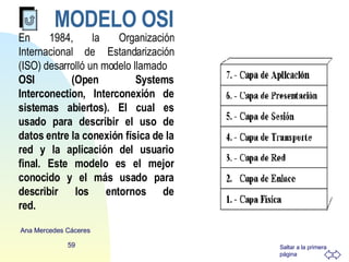 MODELO OSI En 1984, la Organización Internacional de Estandarización (ISO) desarrolló un modelo llamado OSI (Open Systems Interconection, Interconexión de sistemas abiertos). El cual es usado para describir el uso de datos entre la conexión física de la red y la aplicación del usuario final. Este modelo es el mejor conocido y el más usado para describir los entornos de red.                                                                                                                                              