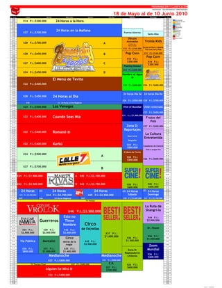 PROGRAMACIÓN Y CLASIFICACIÓN
                                                                                                                                                                                                                      Red Nacional - Zona Metropolitana - Redes Regionales




Hr. Inicio           Lunes                     Martes                                     Miércoles                                Jueves
                                                                                                                                                                    18 de Mayo al de 10 Junio 2010
                                                                                                                                                               Viernes           Sábado                        Domingo                  Hr. Inicio
  5:45                                                                                                                                                                                                                                    5:45
  6:00
  6:10
  6:20
                    X14 P.I.:$200.000                         24 Horas a la Hora                                                                                                                                                          6:00
                                                                                                                                                                                                                                          6:10
                                                                                                                                                                                                                                          6:20
                                                                                                                                                                                                                                                              Informativos
                                                                                                                                                                                                                                                              Magazine en Vivo
                                                                                                                                                                                                                                                              Infantiles
  6:30                                                                                                                                                                                                                                    6:30                Estelares
  6:40                                                                                                                                                                                                                                    6:40                Deportivos
  6:50                                                                                                                                                                                                                                    6:50                Telenovelas
  7:00                                                                                                                                                                                                                                    7:00                Series
  7:10
                                                               24 Horas en la Mañana                                                                                                                                                      7:10                Culturales
  7:20
  7:30              X27 P.I.:$700.000                                                                                                                                     Puertas Abiertas                                                7:20
                                                                                                                                                                                                                                          7:30
                                                                                                                                                                                                                                                              Películas
                                                                                                                                                                                                                                                              Concurso
  7:40                                                                                                                                                                                                    Santa Misa                      7:40                Docu- Reality
  7:50                                                                                                                                                                                                                                    7:50                Miscelanio

  8:00                                                                                     Buenos Días a Todos A
                                                                                                                                                                              Dibujos                                                     8:00                Especial Mundial

  8:10

                    X28 P.I.:$700.000                                                                                                                                        Animados            Tronia Kids                              8:10

                                                                                                                                                    A
  8:20                                                                                                                                                                                                                                    8:20
  8:30                                                                                                                                                                          Scooby-doo                                                8:30
  8:40                                                                                                                                                                         Perro Coraje                                               8:40
  8:50                                                                                                                                                                                          Coraje el Perro Cobarde                   8:50
  9:00                                                                                     Buenos Días a Todos B
                                                                                                                                                                          X12 P.I.:$160.000       Tom and Jerry Kids                      9:00
  9:10                                                                                                                                                                                                                                    9:10
   9:20
   9:30
                    X28 P.I.:$650.000                                                                                                               B                       Pop Corn             X12 P.I.:$160.000                         9:20
                                                                                                                                                                                                                                           9:30
   9:40
   9:50
                                                                                                                                                                                                     Pop Corn                              9:40
                                                                                                                                                                                                                                           9:50
  10:00                                                                                    Buenos Días a Todos C                                                             X14 P.I.:                                                    10:00
  10:10                                                                                                                                                                                                                                   10:10
                                                                                                                                                                             $200.000                    X14 P.I.:
  10:20
  10:30             X27 P.I.:$600.000                                                                                                               C                                                    $200.000
                                                                                                                                                                                                                                          10:20
                                                                                                                                                                                                                                          10:30
  10:40                                                                                                                                                                                                                                   10:40
  10:50                                                                                                                                                                   Pushing Daisies                                                 10:50
  11:00                                                                                    Buenos Días a Todos D                                                                                                                          11:00
  11:10                                                                                                                                                                   X14 P.I.:$200.000                                               11:10
  11:20
  11:30             X24 P.I.:$450.000                                                                                                               D                                                                                     11:20
                                                                                                                                                                                                                                          11:30
  11:40
  11:50
                                                                                                                                                                         Hombre al Agua                                                   11:40
                                                                                                                                                                                                                                          11:50
  12:00                                                                                                                                                                       ®                                                           12:00
  12:10
  12:20
  12:30
                                                        El Menú de Tevito                                                                                                                        Buenos Días a Todos Domingo              12:10
                                                                                                                                                                                                                                          12:20
                                                                                                                                                                                                                                          12:30
  12:40                                                                                                                                                                                                                                   12:40
  12:50             X22 P.I.:$400.000                                                                                                                                     X19 P.I.:$300.000 X26 P.I.:$600.000                             12:50
  13:00                                                                                                                                                                                                                                   13:00
  13:10                                                                                                                                                                                                                                   13:10
  13:20                                                                                                                                                                                                                                   13:20
  13:30                                                                                                                                                                                                                                   13:30
  13:40
                                                                                                                                                                          24 horas Día Sá 24 horas Día Do                                 13:40
  13:50
  14:00
                    X28 P.I.:$650.000                   24 Horas al Día                                                                                                                                                                   13:50
                                                                                                                                                                                                                                          14:00
  14:10                                                                                                                                                                  X26 P.I.:$550.000 X28 P.I.:$700.000                              14:10
  14:20               X30                                              (1) 24 Horas al Día Regional                                                                                                                                       14:20
  14:30                                                                                                                                                                                                                                   14:30
  14:40
  14:50
                    X24 P.I.:$500.000                   Los Venegas                                                                                                       Vive el Mundial Chile conectado                                 14:40
                                                                                                                                                                                                                                          14:50
  15:00                                                                                                                                                                                                                                   15:00
  15:10                                                                                                                                                                                         X27 P.I.:$650.000                         15:10
  15:20                                                                                                                                                                                                                                   15:20
                                                                                                                                                                         X31 P.I.:$1.000.000
  15:30
  15:40             X22 P.I.:$400.000                   Cuando Seas Mía                                                                                                                             Frutos del
                                                                                                                                                                                                                                          15:30
                                                                                                                                                                                                                                          15:40
  15:50                                                                                                                                                                                                                                   15:50
  16:00
                                                                                                                                                                                                       País                               16:00

  16:15

  16:20
                                                                                                                                                                           Zona D:              X27 P.I.:$650.000
                                                                                                                                                                                                                                          16:15

                                                                                                                                                                                                                                          16:20
  16:30                                                                                                                                                                   Reportajes                                                      16:30
  16:40
  16:50
                    X22 P.I.:$400.000                   Romané ®                                                                                                                                  La Cultura
                                                                                                                                                                                                                                          16:40
                                                                                                                                                                                                                                          16:50
  17:00                                                                                                                                                                                                                                   17:00
                                                                                                                                                                              Guerreros
  17:10
  17:20
                                                                                                                                                                                                 Entretenida                              17:10
                                                                                                                                                                                                                                          17:20
  17:30
                                                                                                                                                                               Biografia                                                  17:30
  17:40
  17:50
                    X22 P.I.:$400.000                   Karkú                                                                                                                X24 P.I.:          Cazadores de Ciencia
                                                                                                                                                                                                                                          17:40
                                                                                                                                                                                                                                          17:50
  18:00                                                    Calle 7 A
                                                                                                                                                                             $500.000                                                     18:00
                                                                                                                                                                                                    Vida a sangre fria
  18:10                                                                                                                                                                                                                                   18:10
  18:20
                                                                                                                                                                          El Menú de Tevito                                               18:20
                    X24 P.I.:$500.000
  18:30
                                                                                                                                                A                            X24 P.I.:
                                                                                                                                                                                                                                          18:30
  18:40                                                                                                                                                                                                                                   18:40
  18:50                                                                                                                                                                      $500.000           X26 P.I.:$600.000                         18:50
  19:00                                                                                                                                                                                                                                   19:00
                                                                                       Calle 7 (Martin Carcamo)
  19:10                                                                                                                                                                                                                                   19:10
  19:20                                                                                                                                                                                                                                   19:20
  19:30             X27 P.I.:$700.000                                                                                                                                                                                                     19:30
  19:40
  19:50
                                                                                                               Calle 7 B
                                                                                                                                                B                                                                                         19:40
                                                                                                                                                                                                                                          19:50
  19:55                                                                                                                                                                                                                                   19:55

  20:00                                                                                                                                                                                                                                   20:00
             X39 P.I.:$1.900.000                                                                                   A       X40 P.I.:$2.100.000                                   Super cine

  20:10                                                 Martin Rivas A                                                                                                                                                                    20:10
  20:20                                                                                                                                                                                                                                   20:20
  20:30                                                 Martin Rivas B                                                                                                                                                                    20:30
  20:40      X42 P.I.:$2.500.000                        Martin Rivas B                                             B       X43 P.I.:$2.750.000                               X26 P.I.:                   X26 P.I.:                        20:40

  20:50                                                                                                                                                                      $600.000                    $600.000                         20:50
  21:00                                                                                                                                                                                                                                   21:00
  21:10
  21:20
               24 Horas              (2)                24 Horas                                                                            24 Horas                     (2) 24 Horas           (2) 24 Horas                              21:10
                                                                                                                                                                                                                                          21:20
  21:30
  21:40
              X45 P.I.:$2.900.000              X44 P.I.:$2.700.000                                                                  X45 P.I.:$2.900.000                       Sábado                     Domingo                          21:30
                                                                                                                                                                                                                                          21:40
  21:50       X47                    X46                   24 Horas Regional                                                X47                                           X38 P.I.:$1.600.000    X41 P.I.:$2.100.000                      21:50
  22:00                                                                                                                           TV Tiempo                                                                                               22:00

  22:03                                                                                                                                          Best Seller                                                                              22:03      El Juego del Miedo 2da. Serie


                                                                                                                                                                                                  La Ruta de
                                                                       Conde Vrolok



  22:10                                                                                                                                                                                                                                   22:10      El Juego del Miedo 1era. Serie


  22:20
                                                                                               X46 P.I.:$3.500.000                                                                                Shangri-la                              22:20

  22:30                                                                                                                                                                                                                                   22:30


                                                                                      Esto no
  22:40                                                                                                                                                                                                                                   22:40
                                                                                                                                                                                                        X44 P.I.:
  22:50
               Esta es Mi                                                                                                                                                                                                                 22:50
  23:00

                Familia              Guerreros                                         Tiene                                                                                                           $2.800.000                         23:00


                                                                                                                              Circo
  23:10                                                                                                                                                                                                                                   23:10

  23:20                                                                               Nombre                                                                                                                                              23:20

  23:30
                                                                                                                            de Estrellas                                                                Dr. House                         23:30

  23:40
                 X43 P.I.:                  X39 P.I.:                                  X42 P.I.:                                                                                                                                          23:40

  23:50
                $2.800.000                 $2.000.000                                 $2.600.000                                                        X37 P.I.:                                                                         23:50

                                                                                                                                                       $1.600.000                                       X36 P.I.:
  0:00
                                                                                          Circo                                                                              X36 P.I.:                 $1.500.000
                                                                                                                                                                                                                                          0:00

               Vía Pública                 Mentalist                                                                           X42 P.I.:                                    $1.500.000
  0:10
                                                                                      detrás de la                                                                                                                                        0:10

                                                                                        magia                                 $2.500.000
  0:20
                                                                                                                                                                                                         Zoom                             0:20

  0:30                                                                                                                                                                                                                                    0:30
                 X30 P.I.:                  X31 P.I.:                                  X35 P.I.:                                   circo                                                                Mundial
  0:40                                                                                                                                                                       Zona D:                                                      0:35
                 $800.000                  $1.000.000                                 $1.400.000                                    de
  0:50
                                                                                                                                   estrel                                  Realizadores                                                   0:40
                                                                                                                                                                                                         X26 P.I.:
  1:00
  1:10                                           Medianoche                                                                         las         Medianoche                   Chilenos                    $600.000
                                                                                                                                                                                                                                          0:50
                                                                                                                                                                                                                                          1:00
  1:20                                                                                                                                                                                                                                    1:10
  1:30                                           X27 P.I.:$600.000                                                                               X31 P.I.:$900.000                                                                        1:15

                                                                                                                                                               E.R.
   1:40                                                                                                                                                                                                                                   1:20
   1:50                      TV Tiempo Final                                                          X27 P.I.:$600.000                                                      X26 P.I.:                                                    1:30
   1:52                                                                                                                                                                                                                                   1:40
                                                                                                                                                           X27 P.I.:         $600.000
   2:50
   3:50                                        Alguien te Mira ®                                                                                           $700.000
                                                                                                                                                                                                                                          1:43
                                                                                                                                                                                                                                          1:50
   4:50                                                                                                                                                                                                                                   2:00
   5:50                                                                                                                                                                                                                                   2:10
   6:50                                          X23 P.I.:$450.000                                                                                                                                                                        2:20
   7:50                                                                                                                                                                                                                                   2:30
   8:50                                                                                                                                                                                                                                   2:40
   9:50                                                                                                                                                                                                                                   2:50
  10:50                                                                                                                                                                                                                                   3:00
  11:50                                                                                                                                                                                                                                   3:10

                                                                                                                                                                                                                                                                                      02:21:11   05/25/2010
 