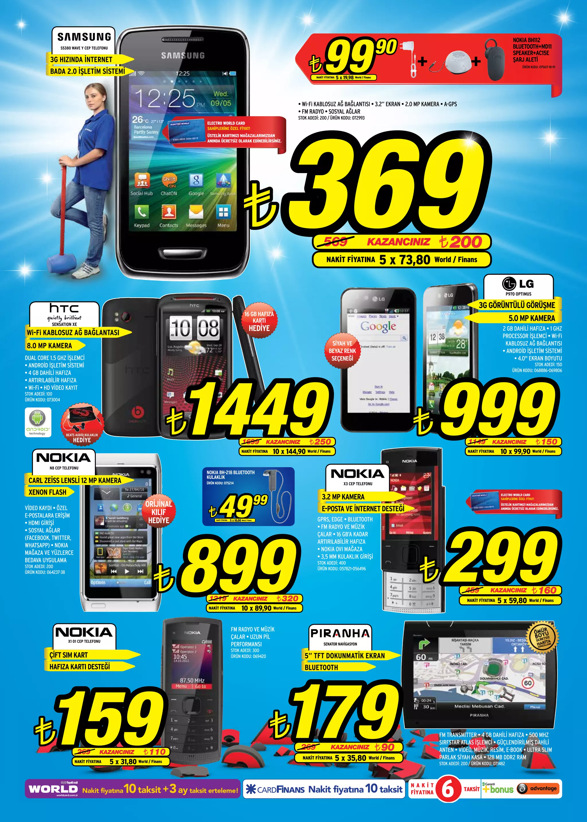 99                                      90
                                                                                                                                                                                                                                                                NOKIA BH112
                    S5380 WAVE Y CEP TELEFONU                                                                                                                                                                                                                   BLUETOOTH+MD11
                                                                                                                                                                                                                                                                SPEAKER+AC15E
            3G HIZINDA İNTERNET
                                                                                                                                                     ¨
                                                                                                                                                                                                                                                                ŞARJ ALETİ
                                                                                                                                                                                                                                                                      ÜRÜN KODU: 075617-18-19
            BADA 2.0 İŞLETİM SİSTEMİ
                                                                                                                                                         NAKİT FİYATINA   5 x 19,98 World / Finans




                                                                                                                                              • Wi-Fi KABLOSUZ AĞ BAĞLANTISI • 3.2” EKRAN • 2.0 MP KAMERA • A-GPS




                                                                                                                                        369
                                                                                                                                              • FM RADYO • SOSYAL AĞLAR
                                                                                                                                              STOK ADEDİ: 200 / ÜRÜN KODU: 072993
                                                                               ELECTRO WORLD CARD
                                                                               SAHİPLERİNE ÖZEL FİYAT!
                                                                               ÜSTELİK KARTINIZI MAĞAZALARIMIZDAN
                                                                               ANINDA ÜCRETSİZ OLARAK EDİNEBİLİRSİNİZ.




                                                                                                                    ¨                                         569                              KAZANCINIZ              ¨ 200
                                                                                                                                                                NAKİT FİYATINA                       5 x 73,80 World / Finans

                                                                                                                                                                                                                                                             P970 OPTIMUS

                                                                                                                                                                                                                                           3G GÖRÜNTÜLÜ GÖRÜŞME
                                                                                                                      16 GB HAFIZA
                                                                                                                          KARTI                                                                                                                               5.0 MP KAMERA
             SENSATION XE
                                                                                                                          HEDİYE                                                                                                                         2 GB DAHİLİ HAFIZA • 1 GHZ
 Wi-Fi KABLOSUZ AĞ BAĞLANTASI                                                                                                                                                                                                                            PROCESSOR İŞLEMCİ • Wi-Fi
 8.0 MP KAMERA                                                                                                                                                     SİYAH VE                                                                               KABLOSUZ AĞ BAĞLANTISI
                                                                                                                                                                  BEYAZ RENK                                                                             • ANDROİD İŞLETİM SİSTEMİ
DUAL CORE 1.5 GHZ İŞLEMCİ                                                                                                                                          SEÇENEĞİ                                                                                   • 4.0" EKRAN BOYUTU
• ANDROİD İŞLETİM SİSTEMİ                                                                                                                                                                                                                                                  STOK ADEDİ: 150




                                                                           1449                                                                                                                                        999
                                                                                                                                                                                                                                                                ÜRÜN KODU: 068886-069806
• 4 GB DAHİLİ HAFIZA
• ARTIRILABİLİR HAFIZA
• Wi-Fi • HD VİDEO KAYIT
STOK ADEDİ: 100
ÜRÜN KODU: 073004




                       BEATS AUDİO KULAKLIK
                           HEDİYE
                                                                           ¨                                       1699           KAZANCINIZ         ¨ 250
                                                                                                                                                                                                             ¨                        1149         KAZANCINIZ                     ¨ 150
                                                                                                                  NAKİT FİYATINA      10 x 144,90   World / Finans                                                                    NAKİT FİYATINA   10 x 99,90            World / Finans


            N8 CEP TELEFONU
                                                                               NOKIA BH-218 BLUETOOTH
                                                                               KULAKLIK
 CARL ZEİSS LENSLİ 12 MP KAMERA                                                ÜRÜN KODU: 075214                                                                               X3 CEP TELEFONU




                                                                                       49
 XENON FLASH
                                                                                                                                 99                          3.2 MP KAMERA                                                                              ELECTRO WORLD CARD
                                                                                                                                                                                                                                                        SAHİPLERİNE ÖZEL FİYAT!
                                                                ORİJİNAL                                                                                                                                                                                ÜSTELİK KARTINIZI MAĞAZALARIMIZDAN


                                                                                ¨                                                                            E-POSTA VE İNTERNET DESTEĞİ
VİDEO KAYDI • ÖZEL                                                                                                                                                                                                                                      ANINDA ÜCRETSİZ OLARAK EDİNEBİLİRSİNİZ.

E-POSTALARA ERİŞİM                                                KILIF




                                                                                                                                                                                                                       299
                                                                 HEDİYE                               5 x 10,00 World / Finans                            GPRS, EDGE • BLUETOOTH




                                                                           899
• HDMI GİRİŞİ
                                                                                     NAKİT FİYATINA



                                                                                                                                                          • FM RADYO VE MÜZİK
• SOSYAL AĞLAR
                                                                                                                                                          ÇALAR • 16 GB’A KADAR
(FACEBOOK, TWITTER,
                                                                                                                                                          ARTIRILABİLİR HAFIZA
WHATSAPP) • NOKIA
                                                                                                                                                          • NOKIA OVI MAĞAZA
MAĞAZA VE YÜZLERCE



                                                                                                                                                                                                              ¨
                                                                                                                                                          • 3,5 MM KULAKLIK GİRİŞİ
BEDAVA UYGULAMA



                                                                   ¨
                                                                                                                                                          STOK ADEDİ: 400
STOK ADEDİ: 200                                                                                                                                           ÜRÜN KODU: 057821-056496
ÜRÜN KODU: 064237-38


                                                                                                                                                                                                                                    459           KAZANCINIZ                 ¨ 160
                                                                                1219                     KAZANCINIZ                    ¨ 320                                                                                         NAKİT FİYATINA    5 x 59,80           World / Finans
                                                                                NAKİT FİYATINA                    10 x 89,90 World / Finans

                                                                                                       FM RADYO VE MÜZİK
                                                                                                       ÇALAR • UZUN PİL
                        X1 01 CEP TELEFONU
                                                                                                       PERFORMANSI                                            SENATOR NAVİGASYON
                                                                                                       STOK ADEDİ: 300
            ÇİFT SIM KART                                                                              ÜRÜN KODU: 069420                         5” TFT DOKUNMATİK EKRAN
            HAFIZA KARTI DESTEĞİ                                                                                                                 BLUETOOTH




    ¨     159                 269
                            NAKİT FİYATINA
                                              KAZANCINIZ       ¨ 110
                                                5 x 31,80 World / Finans
                                                                                                                                      ¨ 179    269
                                                                                                                                                NAKİT FİYATINA
                                                                                                                                                                     KAZANCINIZ
                                                                                                                                                                          5 x 35,80 World / Finans
                                                                                                                                                                                                     ¨ 90
                                                                                                                                                                                                                       FM TRANSMITTER • 4 GB DAHİLİ HAFIZA • 500 MHZ
                                                                                                                                                                                                                       SIRFSTAR ATLAS İŞLEMCİ • GÜÇLENDİRİLMİŞ DAHİLİ
                                                                                                                                                                                                                       ANTEN • VİDEO, MÜZİK, RESİM, E-BOOK • ULTRA SLIM
                                                                                                                                                                                                                       PARLAK SİYAH KASA • 128 MB DDR2 RAM
                                                                                                                                                                                                                       STOK ADEDİ: 200 / ÜRÜN KODU: 071482




                                 Nakit fiyatına       10 taksit +3 ay taksit erteleme!                                                              Nakit fiyatına 10 taksit
                                                                                                                                                                                                            NAKİT
                                                                                                                                                                                                            FİYATINA    6           TAKSİT
 