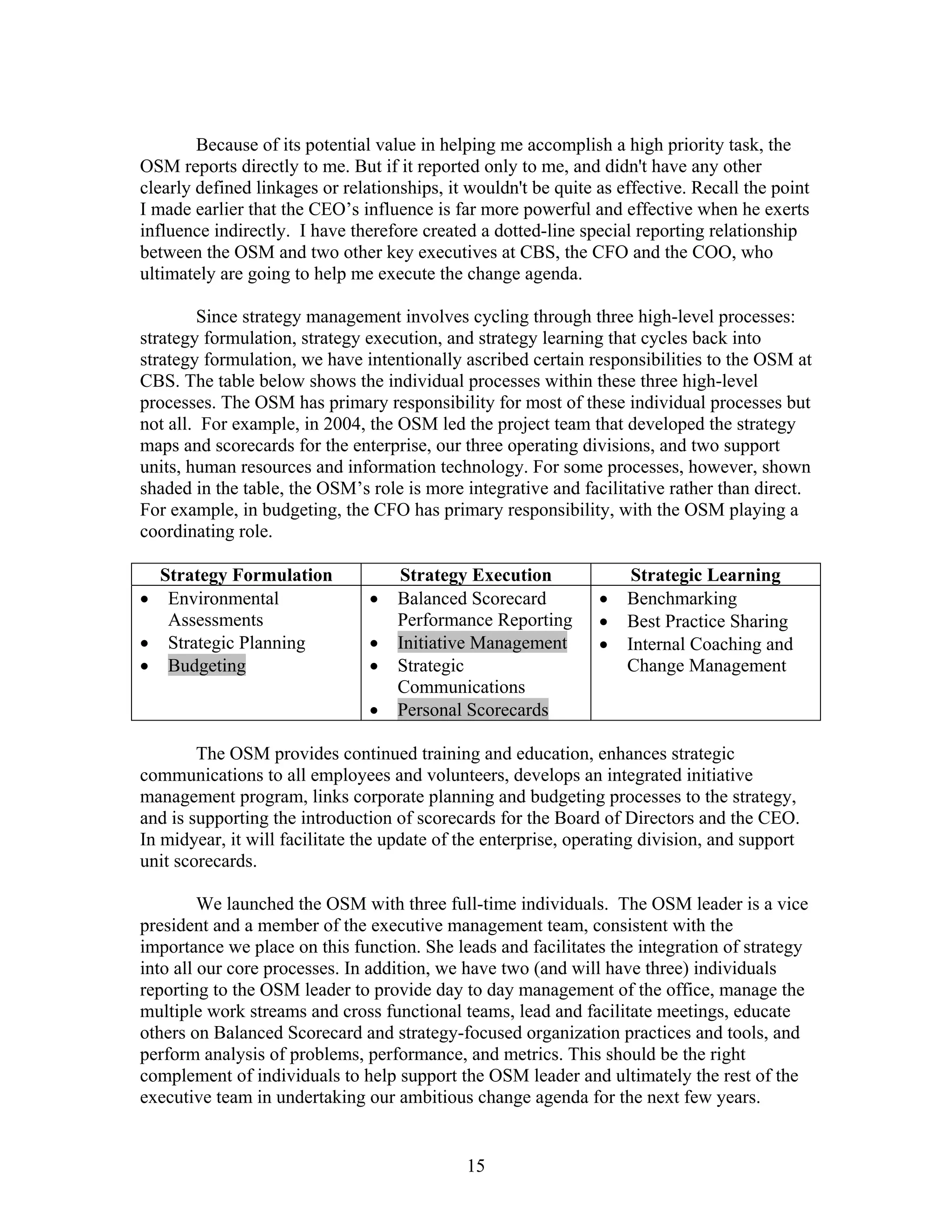 Because of its potential value in helping me accomplish a high priority task, the
OSM reports directly to me. But if it reported only to me, and didn't have any other
clearly defined linkages or relationships, it wouldn't be quite as effective. Recall the point
I made earlier that the CEO’s influence is far more powerful and effective when he exerts
influence indirectly. I have therefore created a dotted-line special reporting relationship
between the OSM and two other key executives at CBS, the CFO and the COO, who
ultimately are going to help me execute the change agenda.
Since strategy management involves cycling through three high-level processes:
strategy formulation, strategy execution, and strategy learning that cycles back into
strategy formulation, we have intentionally ascribed certain responsibilities to the OSM at
CBS. The table below shows the individual processes within these three high-level
processes. The OSM has primary responsibility for most of these individual processes but
not all. For example, in 2004, the OSM led the project team that developed the strategy
maps and scorecards for the enterprise, our three operating divisions, and two support
units, human resources and information technology. For some processes, however, shown
shaded in the table, the OSM’s role is more integrative and facilitative rather than direct.
For example, in budgeting, the CFO has primary responsibility, with the OSM playing a
coordinating role.
Strategy Formulation Strategy Execution Strategic Learning
• Environmental
Assessments
• Strategic Planning
• Budgeting
• Balanced Scorecard
Performance Reporting
• Initiative Management
• Strategic
Communications
• Personal Scorecards
• Benchmarking
• Best Practice Sharing
• Internal Coaching and
Change Management
The OSM provides continued training and education, enhances strategic
communications to all employees and volunteers, develops an integrated initiative
management program, links corporate planning and budgeting processes to the strategy,
and is supporting the introduction of scorecards for the Board of Directors and the CEO.
In midyear, it will facilitate the update of the enterprise, operating division, and support
unit scorecards.
We launched the OSM with three full-time individuals. The OSM leader is a vice
president and a member of the executive management team, consistent with the
importance we place on this function. She leads and facilitates the integration of strategy
into all our core processes. In addition, we have two (and will have three) individuals
reporting to the OSM leader to provide day to day management of the office, manage the
multiple work streams and cross functional teams, lead and facilitate meetings, educate
others on Balanced Scorecard and strategy-focused organization practices and tools, and
perform analysis of problems, performance, and metrics. This should be the right
complement of individuals to help support the OSM leader and ultimately the rest of the
executive team in undertaking our ambitious change agenda for the next few years.
15
 