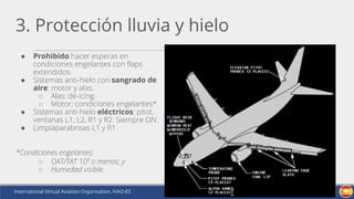 International Virtual Aviation Organisation, IVAO-ES www.ivao.es
3. Protección lluvia y hielo
● Prohibido hacer esperas en
condiciones engelantes con flaps
extendidos.
● Sistemas anti-hielo con sangrado de
aire: motor y alas.
○ Alas: de-icing.
○ Motor: condiciones engelantes*.
● Sistemas anti-hielo eléctricos: pitot,
ventanas L1, L2, R1 y R2. Siempre ON.
● Limpiaparabrisas L1 y R1.
*Condiciones engelantes:
○ OAT/TAT 10º o menos; y
○ Humedad visible.
 