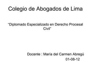 Colegio de Abogados de Lima

“Diplomado Especializado en Derecho Procesal
                     Civil”




           Docente : María del Carmen Abregú
                                  01-08-12
 