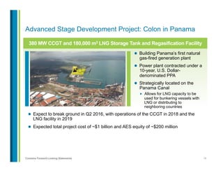 10Contains Forward-Looking Statements
Advanced Stage Development Project: Colon in Panama
380 MW CCGT and 180,000 m3 LNG Storage Tank and Regasification Facility
l  Building Panama’s first natural
gas-fired generation plant
l  Power plant contracted under a
10-year, U.S. Dollar-
denominated PPA
l  Strategically located on the
Panama Canal
„  Allows for LNG capacity to be
used for bunkering vessels with
LNG or distributing to
neighboring countries
l  Expect to break ground in Q2 2016, with operations of the CCGT in 2018 and the
LNG facility in 2019
l  Expected total project cost of ~$1 billion and AES equity of ~$200 million
 