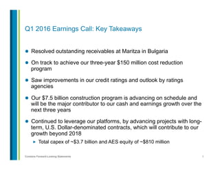3Contains Forward-Looking Statements
Q1 2016 Earnings Call: Key Takeaways
l  Resolved outstanding receivables at Maritza in Bulgaria
l  On track to achieve our three-year $150 million cost reduction
program
l  Saw improvements in our credit ratings and outlook by ratings
agencies
l  Our $7.5 billion construction program is advancing on schedule and
will be the major contributor to our cash and earnings growth over the
next three years
l  Continued to leverage our platforms, by advancing projects with long-
term, U.S. Dollar-denominated contracts, which will contribute to our
growth beyond 2018
„  Total capex of ~$3.7 billion and AES equity of ~$810 million
 