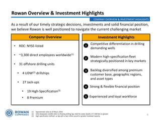 Rowan Overview & Investment Highlights
As a result of our timely strategic decisions, investments and solid financial position,
we believe Rowan is well positioned to navigate the current challenging market
Strong & flexible financial position
Investment Highlights
• RDC: NYSE-listed
• ~3,300 direct employees worldwide(1)
• 31 offshore drilling units
• 4 UDW(2) drillships
• 27 Jack-ups
• 19 High-Specification(3)
• 8 Premium
(1) Approximate value as of May 6, 2016
(2) Ultra-deepwater (UDW) refers to floating drilling rigs rated for water depths of 7,500 feet or greater
(3) High-specification defined as rigs with a two million pound or greater hookload capacity
1
2
3
4
5
Company Overview
6
Competitive differentiation in drilling
demanding wells
Modern high-specificationfleet
strategically positioned in key markets
Backlog diversified among premium
customer base, geographic regions,
and asset types
Experienced and loyal workforce
COMPANY OVERVIEW & INVESTMENT HIGHLIGHTS
 