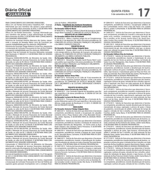 PARA CONHECIMENTO DOS SENHORES VEREADORES.
Ofício s/nº, do Partido Democrático Trabalhista PDT – Guarujá,
informando que seus membros não apoiam a atual administ-
ração da Prefeita Maria Antonieta de Brito. À SECRETARIA PARA
CONHECIMENTO DOS SENHORES VEREADORES.
Ofício s/nº, do Partido Democratas – Guarujá, informando que
seus membros não apoiam a atual administração da Prefeita
Maria Antonieta de Brito. À SECRETARIA PARA CONHECIMENTO
DOS SENHORES VEREADORES.
Denúncia do munícipe Antonio Marciano dos Santos, requer-
endo a cassação do Vereador Mário Lúcio da Conceição por
suposta inelegibilidade para fins eleitorais. ARQUIVADA.
Denúncia do munícipe Thiago Roberto Correa Pino, requerendo
a instauração de Comissão Processante em face do Vice-Prefeito
por suposta inelegibilidade para fins eleitorais. ARQUIVADA.
Relatório Final da Comissão de Assuntos Relevantes nomeada
pela Resolução nº 009/2013. À SECRETARIA PARA AS DEVIDAS
PROVIDÊNCIAS.
Telegrama 020042/MS/SE/FNS, do Ministério da Saúde, infor-
mando a liberação de recursos financeiros do Fundo Nacional
de Saúde, no valor de R$ 590,32. À SECRETARIA PARA CONHECI-
MENTO DOS SENHORES VEREADORES.
Telegrama 014928/MS/SE/FNS, do Ministério da Saúde, infor-
mando a liberação de recursos financeiros do Fundo Nacional
de Saúde, no valor de R$ 20.320,83. À SECRETARIA PARA CON-
HECIMENTO DOS SENHORES VEREADORES.
Telegrama 000262/MS/SE/FNS, do Ministério da Saúde, infor-
mando a liberação de recursos financeiros do Fundo Nacional
de Saúde, no valor de R$ 58,32. À SECRETARIA PARA CONHECI-
MENTO DOS SENHORES VEREADORES.
Telegrama 000224/MS/SE/FNS, do Ministério da Saúde, infor-
mando a liberação de recursos financeiros do Fundo Nacional
de Saúde, no valor de R$ 58,32. À SECRETARIA PARA CONHECI-
MENTO DOS SENHORES VEREADORES.
Telegrama 000124/MS/SE/FNS, do Ministério da Saúde, infor-
mando a liberação de recursos financeiros do Fundo Nacional
de Saúde, no valor de R$ 58,32. À SECRETARIA PARA CONHECI-
MENTO DOS SENHORES VEREADORES.
Telegrama 000080/MS/SE/FNS, do Ministério da Saúde, infor-
mando a liberação de recursos financeiros do Fundo Nacional
de Saúde, no valor de R$ 58,32. À SECRETARIA PARA CONHECI-
MENTO DOS SENHORES VEREADORES.
Telegrama 000059/MS/SE/FNS, do Ministério da Saúde, infor-
mando a liberação de recursos financeiros do Fundo Nacional
de Saúde, no valor de R$ 58,32. À SECRETARIA PARA CONHECI-
MENTO DOS SENHORES VEREADORES.
Telegrama 000027/MS/SE/FNS, do Ministério da Saúde, infor-
mando a liberação de recursos financeiros do Fundo Nacional
de Saúde, no valor de R$ 58,32. À SECRETARIA PARA CONHECI-
MENTO DOS SENHORES VEREADORES.
Telegrama 003495/MS/SE/FNS, do Ministério da Saúde, infor-
mando a liberação de recursos financeiros do Fundo Nacional
de Saúde, no valor de R$ 152.950,00. À SECRETARIA PARA CON-
HECIMENTO DOS SENHORES VEREADORES.
Telegrama 001591/MS/SE/FNS, do Ministério da Saúde, infor-
mando a liberação de recursos financeiros do Fundo Nacional
de Saúde, no valor de R$ 11.000,00. À SECRETARIA PARA CON-
HECIMENTO DOS SENHORES VEREADORES.
Telegrama 000206/MS/SE/FNS, do Ministério da Saúde, infor-
mando a liberação de recursos financeiros do Fundo Nacional
de Saúde, no valor de R$ 90.000,00. À SECRETARIA PARA CON-
HECIMENTO DOS SENHORES VEREADORES.
Comunicado nº CM202745/2013, do Ministério da Educação,
informando a liberação de recursos financeiros destinados a
garantir a execução de programas do Fundo Nacional de Desen-
volvimento da Educação. À SECRETARIA PARA CONHECIMENTO
DOS SENHORES VEREADORES.
Súmula do Expediente recebido no período de 13 a 27 de agosto
de 2013. À SECRETARIA PARA CONHECIMENTO DOS SENHORES
VEREADORES.
Denúncia da munícipe Joice Mendes dos Santos, requerendo
a instauração de Comissão Processante em face da Prefeita por
supostos gastos pessoais incompatíveis com a condição finan-
ceira da Prefeita . ARQUIVADA.
2ª Parte – Expediente dos Senhores Vereadores:
PROJETO DE DECRETO LEGISLATIVO
Do Vereador Gilberto Benzi
Nº 0026/2013 - Outorga o Prêmio Cultural de Guarujá ao Senhor
Sérgio Motti Trombelli. À COMISSÃO DE JUSTIÇA E REDAÇÃO.
PROJETO DE LEI COMPLEMENTAR
Do Vereador Edilson Dias de Andrade
Nº 0018/2013 - Altera a suprime artigos da Lei Complementar
nº 049 de 27 de dezembro de 1999 e dá outras providências. ÀS
COMISSÕES DE JUSTIÇA E REDAÇÃO, FINANÇAS E ORÇAMENTO
e de OBRAS E SERVIÇOS PÚBLICOS.
PROJETOS DE LEI
Do Vereador Antonio Fidalgo Salgado Neto
Nº 0096/2013 - Dispõe sobre o corte no fornecimento de água
e de energia elétrica no Município de Guarujá e dá outras pro-
vidências. ÀS COMISSÕES DE JUSTIÇA E REDAÇÃO, FINANÇAS E
ORÇAMENTO e de OBRAS E SERVIÇOS PÚBLICOS.
Do Vereador Edilson Dias de Andrade
N° 0099/2013 - Denomina “Vereador Gentil Nunes Neto” o pró-
prio público que específica e dá outras providências. ÀS COMIS-
SÕES DE JUSTIÇA E REDAÇÃO e de FINANÇAS E ORÇAMENTO.
Do Vereador Gilberto Benzi
Nº 0098/2013 - Dispõe sobre a introdução de assistente social na
rede pública de saúde em Guarujá e dá outras providências. ÀS
COMISSÕES DE JUSTIÇA E REDAÇÃO, FINANÇAS E ORÇAMENTO
e de SAÚDE E HIGIENE.
Do Vereador Nelson Alves Filho
Nº 0097/2013 - Acrescente na Lei 2.506, de 19 de novembro de
1996, o evento esportivo Travessia Aquática 14 Bis e dá outras
providências. ÀS COMISSÕES DE JUSTIÇA E REDAÇÃO, FINAN-
ÇAS E ORÇAMENTO e de CULTURA, CRIATIVIDADE E ENTRETE-
NIMENTO.
PROJETO DE RESOLUÇÃO
Do Vereador Jaime Ferreira de Lima Filho
Nº 0038/2013 - Cria Comissão Especial de Vereadores para fim
que especifica e dá outras providências. À ORDEM DO DIA DA
PRESENTE SESSÃO.
Do Vereador Luciano de Moraes Rocha
Nº 0039/2013 - Prorroga-se por mais 90 dias a Comissão de As-
suntos Relevantes para os fins que especifica, e dá outras provi-
dências criada através da Resolução nº 21/2013. À ORDEM DO
DIA DA PRESENTE SESSÃO.
INDICAÇÕES
Do Vereador Antonio Fidalgo Salgado Neto
Nº 2683/2013 - Solicita do Executivo que determine à Secretaria
competente, providências visando a recuperação do calçadão
existente entre a Praça Horácio Lafer e Rua Marivaldo Fernan-
des, Jardim Tejereba. À SECRETARIA PARA AS DEVIDAS PROVI-
DÊNCIAS.
Nº 2684/2013 - Solicita do Executivo que determine à Secretaria
competente, providências visando a instalação de redutores de
velocidade Alameda das Margaridas, no trecho entre as Ruas
Paulo Orlandi e dos Gerânios, bairro Primavera. À SECRETARIA
PARA AS DEVIDAS PROVIDÊNCIAS.
Nº 2685/2013 - Solicita do Executivo que determine à Secretaria
competente, providências visando a limpeza do canal situado
na Av. Tancredo Neves, Cachoeira. À SECRETARIA PARA AS DEVI-
DAS PROVIDÊNCIAS.
Nº 2686/2013 - Solicita do Executivo que determine à Secretaria
competente, providências visando a intensificação de sinaliza-
ção e fiscalização de trânsito em toda a AvenidaTancredo Neves,
Cachoeira. À SECRETARIA PARA AS DEVIDAS PROVIDÊNCIAS.
Nº 2687/2013 - Solicita do Executivo que determine à Secreta-
ria competente, providências visando a limpeza e capinação
nos arredores do Núcleo de Educação Infantil Municipal José
Antonio Ferranti, Cachoeira. À SECRETARIA PARA AS DEVIDAS
PROVIDÊNCIAS.
Nº 2688/2013 - Solicita do Executivo que determine à Secretaria
competente, providências visando o nivelamento de bloquetes
na Avenida Francisco de Castro, no trecho entre as Avenidas Áu-
rea Gonzalez Conde e Severo Conde, Vila Áurea. À SECRETARIA
PARA AS DEVIDAS PROVIDÊNCIAS.
Nº 2689/2013 - Solicita do Executivo que determine à Secretaria
competente, providências visando a recuperação asfáltica da
Rua Cunhambebe, trecho entre a Rua São Paulo e Av. Castelo
Branco, Jardim Cunhambebe. À SECRETARIA PARA AS DEVIDAS
PROVIDÊNCIAS.
Nº 2690/2013 - Solicita do Executivo que determine à Secre-
taria competente, providências visando a colocação de pó de
pedra e/ou similares, nivelamento, capinação, remoção de
lixo e entulho, na Av. Acaraú, trecho entre a Av. Áurea Gon-
zalez Conde e Rua Jundiaí, Vila Áurea. À SECRETARIA PARA AS
DEVIDAS PROVIDÊNCIAS.
Nº 2691/2013 - Solicita do Executivo que determine à Secretaria
competente, providências visando a regularização imediata do
fornecimento de gás das escolas públicas, visto que os alunos
estão sem refeição há quase trinta dias. À SECRETARIA PARA AS
DEVIDAS PROVIDÊNCIAS.
Do Vereador Edilson Dias de Andrade
Nº 2770/2013 - Solicita do Executivo que determine à Secreta-
ria competente, providências visando a implantação de uma
caçamba de lixo em frente ao ponto de ônibus, na Estrada de
Santa Cruz dos Navegantes, Sítio Outeiro. À SECRETARIA PARA
AS DEVIDAS PROVIDÊNCIAS.
Nº 2771/2013 - Solicita do Executivo que determine à Secretaria
competente, providências visando a desobstrução de bueiros,
capinação e pintura de guias e lombadas, retirada de lixo e en-
tulho, tapa buracos e manutenção geral da Praça do Povo, em
toda sua extensão, Rua Celina Pardal dos Santos, Vila Rosalina. À
SECRETARIA PARA AS DEVIDAS PROVIDÊNCIAS.
Nº 2772/2013 - Solicita do Executivo que determine à Secretaria
competente, providências visando a desobstrução dos bueiros,
capinação e pintura de guias, retirada de lixo e entulho, tapa bu-
racos e operação cata treco, em toda extensão da Av. Manoel
Domingos Cravo, Jardim Nancy. À SECRETARIA PARA AS DEVI-
DAS PROVIDÊNCIAS.
Nº 2773/2013 - Solicita do Executivo que determine à Secre-
taria competente, providências visando a implantação de as-
falto, desobstrução de bueiros, capinação e pintura de guias,
retirada de lixo e entulho, tapa buracos, operação cata treco
e restituição de tampa de esgoto em toda extensão da Rua
João Luiz da Silva, Jardim São José. À SECRETARIA PARA AS
DEVIDAS PROVIDÊNCIAS.
Nº 2774/2013 - Solicita do Executivo que determine à Secreta-
ria competente, providências visando desobstrução de bueiros,
manutenção de praça, capinação e pintura de guias e faixas
de pedestres, reconstrução do asfalto, restituição de tampa de
esgoto e retirada de lixo e entulho, em toda extensão da Rua
Funchal, Jardim Santa Maria. À SECRETARIA PARA AS DEVIDAS
PROVIDÊNCIAS.
Nº 2775/2013 - Solicita do Executivo que determine à Secretaria
competente, providências visando desobstrução de bueiros, ca-
pinação e pintura de guias, tapa buracos e troca de lâmpada, em
toda a extensão da Rua Antonio dos Santos, Jardim Santa Maria.
À SECRETARIA PARA AS DEVIDAS PROVIDÊNCIAS.
Nº 2776/2013 - Solicita do Executivo que determine à Secreta-
ria competente, providências visando desobstrução de bueiros,
capinação e pintura de guias, tapa buracos, reconstrução do
asfalto e retirada de lixo e entulho, em toda extensão da Rua
Rolando Paiva, Jardim Santa Maria. À SECRETARIA PARA AS DE-
VIDAS PROVIDÊNCIAS.
Nº 2777/2013 - Solicita do Executivo que determine à Secretaria
competente, providências visando desobstrução de bueiros, ca-
pinação e pintura de guias e retirada de lixo e entulho, em toda
extensão da Rua Acadêmico Ignácio Nascimento Opazo, Jardim
Santa Maria. À SECRETARIA PARA AS DEVIDAS PROVIDÊNCIAS.
Nº 2778/2013 - Solicita do Executivo que determine à Secreta-
ria competente, providências visando desobstrução de bueiros,
capinação e pintura de guias, retirada de lixo e entulho, substi-
tuição de tubulação de águas pluviais e tapa buraco, em toda
extensão da Rua Francisco Antero Fontes, Jardim Santa Maria. À
SECRETARIA PARA AS DEVIDAS PROVIDÊNCIAS.
Nº 2779/2013 - Solicita do Executivo que determine à Secreta-
ria competente, providências visando desobstrução de bueiros,
capinação e pintura de guias, retirada de lixo e entulho, manu-
quinta-feira
5 de setembro de 2013
17GUARUJÁ
Diário Oficial
 