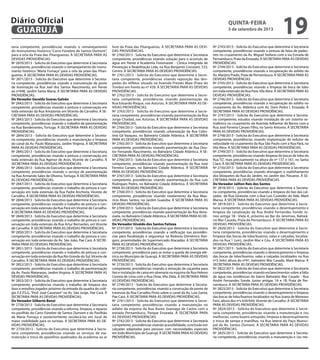 taria competente, providências visando o remanejamento
do monumento histórico “Carro Fúnebre de Santos Dumont”,
para a orla da Praia das Pitangueiras. À SECRETARIA PARA AS
DEVIDAS PROVIDÊNCIAS.
Nº 2870/2013 - Solicita do Executivo que determine à Secretaria
competente, providências visando o remanejamento do monu-
mento histórico “Maria Fumaça” para a orla da praia das Pitan-
gueiras. À SECRETARIA PARA AS DEVIDAS PROVIDÊNCIAS.
Nº 2871/2013 - Solicita do Executivo que determine à Secreta-
ria competente, providências visando a manutenção de poste
de iluminação na Rua Joel dos Santos Nascimento, em frente
ao nº448, Jardim Santa Maria. À SECRETARIA PARA AS DEVIDAS
PROVIDÊNCIAS.
Do Vereador Geraldo Soares Galvão
Nº 2842/2013 - Solicita do Executivo que determine à Secretaria
competente, providências visando a pintura e conservação em
toda extensão da Rua Amazonas em Vicente de Carvalho. À SE-
CRETARIA PARA AS DEVIDAS PROVIDÊNCIAS.
Nº 2843/2013 - Solicita do Executivo que determine à Secretaria
competente, providências visando o trabalho de pavimentação
na Rua Bandeirantes, Tortuga. À SECRETARIA PARA AS DEVIDAS
PROVIDÊNCIAS.
Nº 2844/2013 - Solicita do Executivo que determine à Secreta-
ria competente, providências visando a manutenção e limpeza
do canal da Av. Paulo Matarazzo, Jardim Virginia. À SECRETARIA
PARA AS DEVIDAS PROVIDÊNCIAS.
Nº 2845/2013 - Solicita do Executivo que determine à Secretaria
competente, providências visando a pintura e conservação em
toda extensão da Rua Agenor de Assis, Vicente de Carvalho. À
SECRETARIA PARA AS DEVIDAS PROVIDÊNCIAS.
Nº 2846/2013 - Solicita do Executivo que determine à Secretaria
competente, providências visando o serviço de pavimentação
na Rua Armando Sales de Oliveira, Tortuga. À SECRETARIA PARA
AS DEVIDAS PROVIDÊNCIAS.
Nº 2847/2013 - Solicita do Executivo que determine à Secretaria
competente, providências visando o trabalho de pintura e con-
servação em toda extensão da Rua Padre Anchieta, Vicente de
Carvalho. À SECRETARIA PARA AS DEVIDAS PROVIDÊNCIAS.
Nº 2848/2013 - Solicita do Executivo que determine à Secretaria
competente, providências visando o trabalho de pintura e con-
servação em toda extensão da Rua Pará em Vicente de Carvalho.
À SECRETARIA PARA AS DEVIDAS PROVIDÊNCIAS.
Nº 2849/2013 - Solicita do Executivo que determine à Secretaria
competente, providências visando o trabalho de pintura e con-
servação em toda extensão da Rua Artur Bernardes, em Vicente
de Carvalho. À SECRETARIA PARA AS DEVIDAS PROVIDÊNCIAS.
Nº 2850/2013 - Solicita do Executivo que determine à Secretaria
competente, providências visando o trabalho de pintura e con-
servação em toda extensão da Av. São João, Pae Cará. À SECRE-
TARIA PARA AS DEVIDAS PROVIDÊNCIAS.
Nº 2851/2013 - Solicita do Executivo que determine à Secretaria
competente, providências visando o trabalho de pintura e con-
servação em toda extensão da Rua Rio Grande do Sul,Vicente de
Carvalho. À SECRETARIA PARA AS DEVIDAS PROVIDÊNCIAS.
Nº 2852/2013 - Solicita do Executivo que determine à Secretaria
competente, providências visando o trabalho de pavimentação
da Av. Paulo Matarazzo, Jardim Virginia. À SECRETARIA PARA AS
DEVIDAS PROVIDÊNCIAS.
Nº 2853/2013 - Solicita do Executivo que determine à Secretaria
competente, providências visando o trabalho de limpeza dos
lixos e entulhos jogados próximo da entrada da quadra do colé-
gio E.E.P.S.G. “Prof. José Cavariani” na Av. São Jorge, Pae Cará. À
SECRETARIA PARA AS DEVIDAS PROVIDÊNCIAS.
Do Vereador Gilberto Benzi
Nº 2758/2013 - Solicita do Executivo que determine à Secretaria
competente, providências visando a reforma, limpeza, e reparos
no pavilhão do Carro Fúnebre de Santos Dumont e do Pavilhão
da Maria Fumaça e posteriormente recolocá-los em local de
maior visibilidade para os turistas. À SECRETARIA PARA AS DE-
VIDAS PROVIDÊNCIAS.
Nº 2759/2013 - Solicita do Executivo que determine à Secre-
taria competente, providências visando os serviços de ma-
nutenção e troca de aparelhos quebrados da academia ao ar
livre da Praia das Pitangueiras. À SECRETARIA PARA AS DEVI-
DAS PROVIDÊNCIAS.
Nº 2760/2013 - Solicita do Executivo que determine à Secretaria
competente, providências visando solução para o acúmulo de
água em frente à Academia Fisiomaster - Clínica Integrada de
Prevenção e Reabilitação Ltda, na Rua Benjamin Constant, 533,
Centro. À SECRETARIA PARA AS DEVIDAS PROVIDÊNCIAS.
Nº 2761/2013 - Solicita do Executivo que determine à Secre-
taria competente, providências visando reposição das lâm-
padas do refletor situado na Avenida Prestes Maia (Praia do
Tombo) em frente ao nº 439. À SECRETARIA PARA AS DEVIDAS
PROVIDÊNCIAS.
Nº 2762/2013 - Solicita do Executivo que determine à Secre-
taria competente, providências visando pavimentação da
Rua Eduardo Risque, nas Astúrias. À SECRETARIA PARA AS DE-
VIDAS PROVIDÊNCIAS.
Nº 2763/2013 - Solicita do Executivo que determine à Secre-
taria competente, providências visando pavimentação da Rua
Jorge Chadad, nas Astúrias. À SECRETARIA PARA AS DEVIDAS
PROVIDÊNCIAS.
Nº 2764/2013 - Solicita do Executivo que determine à Secretaria
competente, providências visando urbanização da Rua Celes-
tino Gil Vazquez, no Balneário Cidade Atlântica. À SECRETARIA
PARA AS DEVIDAS PROVIDÊNCIAS.
Nº 2765/2013 - Solicita do Executivo que determine à Secretaria
competente, providências visando pavimentação da Rua Dou-
tor Fernando Nascimento, no Balneário Cidade Atlântica. À SE-
CRETARIA PARA AS DEVIDAS PROVIDÊNCIAS.
Nº 2766/2013 - Solicita do Executivo que determine à Secretaria
competente, providências visando pavimentação da Rua José
Ferreira Canaes, no Balneário Cidade Atlântica. À SECRETARIA
PARA AS DEVIDAS PROVIDÊNCIAS.
Nº 2767/2013 - Solicita do Executivo que determine à Secretaria
competente, providências visando pavimentação da Rua Luis
Rodrigues Pedro, no Balneário Cidade Atlântica. À SECRETARIA
PARA AS DEVIDAS PROVIDÊNCIAS.
Nº 2768/2013 - Solicita do Executivo que determine à Secretaria
competente, providências visando nivelamento da Rua Mau-
rício Alves Santos, no Jardim Guaiúba. À SECRETARIA PARA AS
DEVIDAS PROVIDÊNCIAS.
Nº 2769/2013 - Solicita do Executivo que determine à Secretaria
competente, providências visando pavimentação da Rua Vene-
zuela, no Balneário Cidade Atlântica. À SECRETARIA PARA AS DE-
VIDAS PROVIDÊNCIAS.
Do Vereador Givaldo dos Santos Feitoza
Nº 2737/2013 - Solicita do Executivo que determine à Secretaria
competente, providências visando a ratificação nas providên-
cias para fiscalização e segurança na Rodovia Domênico Ran-
goni, proximidades do Supermercado Atacadão. À SECRETARIA
PARA AS DEVIDAS PROVIDÊNCIAS.
Nº 2738/2013 - Solicita do Executivo que determine à Secretaria
competente, providência para se evitar a queda de energia elé-
trica no Município de Guarujá. À SECRETARIA PARA AS DEVIDAS
PROVIDÊNCIAS.
Nº 2739/2013 - Solicita do Executivo que determine à Secretaria
competente, providências visando a remoção de caçamba para
lixo e instalação de caixa em alvenaria na esquina da Rua Heleno
Correia de Lima com a Rua Onze, Vila Zilda. À SECRETARIA PARA
AS DEVIDAS PROVIDÊNCIAS.
Nº 2740/2013 - Solicita do Executivo que determine à Secreta-
ria competente, providências visando a construção da ponte de
travessia da Rua Carvalho Pinto sobre o canal da Av. Luiz Gama,
Pae Cará. À SECRETARIA PARA AS DEVIDAS PROVIDÊNCIAS.
Nº 2741/2013 - Solicita do Executivo que determine à Secre-
taria competente, providências visando a manutenção no
asfalto da esquina da Rua Áureo Guenaga de Castro com a
estrada Pernambuco, Parque Enseada. À SECRETARIA PARA
AS DEVIDAS PROVIDÊNCIAS.
Nº 2742/2013 - Solicita do Executivo que determine à Secretaria
competente, providências visando acessibilidade, conclusão em
calçadas adaptadas para pessoas com necessidades especiais
em todo Município de Guarujá. À SECRETARIA PARA AS DEVIDAS
PROVIDÊNCIAS.
Nº 2743/2013 - Solicita do Executivo que determine à Secretaria
competente, providências visando a pintura de faixa de pedes-
tres no cruzamento da Av. Miguel Stefano com a via Estrada de
Pernambuco, Praia da Enseada. À SECRETARIA PARA AS DEVIDAS
PROVIDÊNCIAS.
Nº 2744/2013 - Solicita do Executivo que determine à Secretaria
competente, providências visando a recuperação do asfalto da
Av. Marjory Prado, Praia de Pernambuco. À SECRETARIA PARA AS
DEVIDAS PROVIDÊNCIAS.
Nº 2745/2013 - Solicita do Executivo que determine à Secretaria
competente, providências visando a limpeza de boca de lobo
em toda extensão da Rua Pará, Vila Alice. À SECRETARIA PARA AS
DEVIDAS PROVIDÊNCIAS.
Nº 2746/2013 - Solicita do Executivo que determine à Secretaria
competente, providências visando a recuperação do asfalto no
cruzamento da Av. Atlântica com Av. Dom Pedro I, Enseada. À
SECRETARIA PARA AS DEVIDAS PROVIDÊNCIAS.
Nº 2747/2013 - Solicita do Executivo que determine à Secreta-
ria competente, estudos visando instalação de um sistema se-
mafórico no cruzamento da Avenida Adhemar de Barros com a
Rua José Ferreira Canaes Filho, no Santo Antonio. À SECRETARIA
PARA AS DEVIDAS PROVIDÊNCIAS.
Nº 2748/2013 - Solicita do Executivo que determine à Secretaria
competente, providências visando implantação de redutor de
velocidade no cruzamento da Rua São Paulo com a Rua Pará, na
Vila Alice. À SECRETARIA PARA AS DEVIDAS PROVIDÊNCIAS.
Nº 2749/2013 - Solicita do Executivo que determine à Secretaria
competente, providências visando limpeza de bocas de lobo da
Rua “G”, mais precisamente na altura do nº 137 e 167, no Santa
Clara. À SECRETARIA PARA AS DEVIDAS PROVIDÊNCIAS.
Nº 2750/2013 - Solicita do Executivo que determine à Secretaria
competente, providências visando drenagem e realinhamento
dos bloquetes da Rua do Jardim, no Jardim dos Pássaros. À SE-
CRETARIA PARA AS DEVIDAS PROVIDÊNCIAS.
Do Vereador Jailton Reis dos Santos
Nº 2818/2013 - Solicita do Executivo que determine à Secreta-
ria competente, providências visando a limpeza do lixo das cal-
çadas da Rua Girassóis com a Rua Luís Custódio do Vale, Maré
Mansa. À SECRETARIA PARA AS DEVIDAS PROVIDÊNCIAS.
Nº 2819/2013 - Solicita do Executivo que determine à Secre-
taria competente, providências visando o desentupimento e
limpeza da canalização da Rua André Fernandes Sonde Ju-
nior antiga 1B - Viela A, próximo ao Bar do Jeremias, Balneá-
rio Mar Casado, Praia do Pernambuco. À SECRETARIA PARA AS
DEVIDAS PROVIDÊNCIAS.
Nº 2820/2013 - Solicita do Executivo que determine à Secre-
taria competente, providências visando o desentupimento e
limpeza das bocas de lobo/bueiros, valas e calçadas, localiza-
dos na Rua 1 (um), Jardim Mar e Céu. À SECRETARIA PARA AS
DEVIDAS PROVIDÊNCIAS.
Nº 2821/2013 - Solicita do Executivo que determine à Secretaria
competente, providências visando o desentupimento e limpeza
das bocas de lobo/bueiros, valas e calçadas localizados na Rua
nº3 (três) altura do nº91, balneário Mar Casado, Maré Mansa. À
SECRETARIA PARA AS DEVIDAS PROVIDÊNCIAS.
Nº 2822/2013 - Solicita do Executivo que determine à Secretaria
competente, providências visando esclarecimentos sobre a falta
de água nas residências do bairro Balneário Mar Casado - Rua
André Fernandes Sonde Junior antigas 1A e 1B, Praia de Per-
nambuco. À SECRETARIA PARA AS DEVIDAS PROVIDÊNCIAS.
Nº 2823/2013 - Solicita do Executivo que determine à Secretaria
competente, providências visando o desentupimento e limpeza
das bocas de lobo/bueiros localizados na Rua Joana de Menezes
Faro, altura dos nºs 634/644, Vicente de Carvalho. À SECRETARIA
PARA AS DEVIDAS PROVIDÊNCIAS.
Nº 2824/2013 - Solicita do Executivo que determine à Secre-
taria competente, providências visando a manutenção e /ou
melhorias, como bueiro entupido, limpeza e desentupimento
e troca de tampa e manilhas, na Rua lateral do Paço Munici-
pal da Av. Santos Dumont. À SECRETARIA PARA AS DEVIDAS
PROVIDÊNCIAS.
Nº 2825/2013 - Solicita do Executivo que determine à Secreta-
ria competente, providências visando a manutenção e /ou me-
quinta-feira
5 de setembro de 2013
19GUARUJÁ
Diário Oficial
 