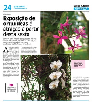 vila souza
Exposição de
orquídeas é
atração a partir
desta sexta
Cerca de 2 mil pessoas são aguardadas nos três
dias de evento, que contará com participação
de expositores de vários municípios
dos Estados de São Paulo e Minas Gerais
60
expositores
participarão
da mostra
Quem passar pela
exposição poderá
conferir mais de 800
orquídeas de 250
espécies
A
Associação dos Or-
quidófilos de Guarujá
(AOG) promove de
sexta-feira, 6, a do-
mingo, 8, a 15ª Exposição de
Orquídeas de Guarujá. O evento
acontece no Vila Souza, localiza-
do na Avenida Dr. Artur Costa
Filho, 282, com aproximadamen-
te 250 espécies, totalizando mais
de 800 orquídeas.
Segundo a organização, cerca
de 60 expositores da Baixada
Santista, Grande São Paulo,
Interior do Estado e Minas Ge-
rais participarão do evento. Os
participantes estarão aptos a es-
clarecer o público sobre dúvidas,
como plantio e cuidados com
a flor. Haverá ainda premiação
para as melhores espécies na-
cionais, estrangeiras, híbridas e
miniorquídeas.
No domingo, 8, às 15 horas,
haverá palestra sobre noções bá-
sicas de cultivo e cuidados, apre-
sentando inúmeras curiosidades,
como os meios de reprodução ‘in
vitro’, que auxiliam a orquidofilia
a trazer espécies raras e com risco
de extinção, para serem comer-
cializadas a preços acessíveis.
Durante a mostra, especialistas
estarão à disposição para escla-
recer qualquer dúvida.
Com entrada franca, o even-
to estará aberto à visitação no
dia 6, das 14 às 20 horas; dia 7,
das 9 às 20 horas, e dia 8, das
9 às 17 horas. A estimativa da
organização é que 2 mil pessoas
compareçam à exposição nos três
dias de evento.
FotosReprodução
quinta-feira
5 de setembro de 2013
24 GUARUJÁ
Diário Oficial
 