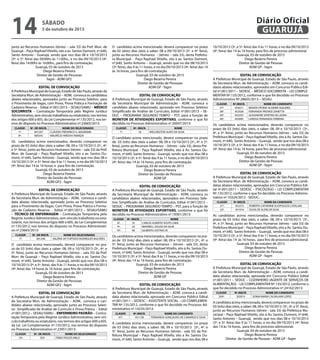 junto ao Recursos Humanos (térreo – sala 33) da Pref. Mun. de
Guarujá – Paço RaphaelVitiello, sito a av. Santos Dumont, nº.640,
Santo Antonio - Guarujá, sendo que nos dias 08 e 10/10/2013
(3ª. e 5ª. feira) das 09:00hs às 11:00hs., e no dia 09/10/2013 (4ª.
feira) das 14:00hs ás 16:00hs., para fins de contratação.
Guarujá, 03 de outubro de 2013
Diego Bezerra Pereira
Diretor de Gestão de Pesssoas
fagm - ADM GP2
EDITAL DE CONVOCAÇÃO
A Prefeitura Municipal de Guarujá, Estado de São Paulo, através da
Secretaria Mun. de Administração – ADM, convoca os candidatos
abaixo relacionados, aprovados junto ao Processo Seletivo para
o Provimento de Vagas, com Prova, Prova Prática e Formação de
Cadastro Reserva - Edital nº.001/2013 – SESAU/SAMU – MÉDICO
SOCORRISTA – Contratação Temporária pelo Regime Jurídico
Administrativo, sem vínculo trabalhista ou estatutário, nos termos
dos artigos 600 a 605, da Lei Complementar nº.135/2012, nos ter-
mos do disposto no Processo Administrativo nº.23665/2013:
CLASSIF. Nº. DE INSCR. NOME DO SELECIONADO
7º. 001207 CLÁUDIO FREDERICO G. BAUMANN
8º. 000545 MAURÍCIO HIROSHI YAMADA
Os candidatos acima mencionados, deverão comparecer no
prazo de 03 (três) dias úteis a saber: 08, 09 e 10/10/2013 (3ª., 4ª.
e 5ª. feira), junto ao Recursos Humanos (térreo – sala 33) da Pref.
Mun. de Guarujá – Paço Raphael Vitiello, sito a av. Santos Du-
mont, nº.640, Santo Antonio - Guarujá, sendo que nos dias 08 e
10/10/2013 (3ª. e 5ª. feira) das 9 às 11 horas, e no dia 09/10/2013
(4ª. feira) das 14 às 16 horas, e para fins de contratação.
Guarujá, 03 de outubro de 2013
Diego Bezerra Pereira
Diretor de Gestão de Pesssoas
ADM GP2 - fagm
EDITAL DE CONVOCAÇÃO
A Prefeitura Municipal de Guarujá, Estado de São Paulo, através
da Secretaria Mun. de Administração – ADM, convoca a candi-
data abaixo relacionada, aprovada junto ao Processo Seletivo
para o Provimento de Vagas. Com Prova, Prova Prática e Forma-
ção de Cadastro Reserva - Edital nº.001/2013 – SESAU/SAMU
– TÉCNICO DE ENFERMAGEM – Contratação Temporária pelo
Regime Jurídico Administrativo, sem vínculo trabalhista ou esta-
tutário, nos termos dos artigos 600 a 605, da Lei Complementar
nº.135/2012, nos termos do disposto no Processo Administrati-
vo nº.23665/2013:
CLASSIF. Nº. DE INSCR. NOME DO SELECIONADO
7º. 001258 VALÉRIA AP. FURTADO RODRIGUES BULHÕES
O candidato acima mencionado, deverá comparecer no pra-
zo de 03 (três) dias úteis a saber: 08, 09 e 10/10/2013 (3ª., 4ª. e
5ª. feira), junto ao Recursos Humanos (térreo – sala 33) da Pref.
Mun. de Guarujá – Paço Raphael Vitiello, sito a av. Santos Du-
mont, nº.640, Santo Antonio - Guarujá, sendo que nos dias 08 e
10/10/2013 (3ª. e 5ª. feira), das 9 às 11 horas, e no dia 09/10/2013
(4ª. feira) das 14 horas às 16 horas, para fins de contratação.
Guarujá, 03 de outubro de 2013
Diego Bezerra Pereira
Diretor de Gestão de Pesssoas
ADM GP2 - fagm
EDITAL DE CONVOCAÇÃO
A Prefeitura Municipal de Guarujá, Estado de São Paulo, através
da Secretaria Mun. de Administração – ADM, convoca o can-
didato abaixo relacionado, aprovado junto ao Processo Seleti-
vo Simplificado de Análise de Currículo e Prova Prática - Edital
nº.001/2012 – SESAU/SAMU – ENFERMEIRO PADRÃO – Contra-
tação Temporária pelo Regime Jurídico Administrativo, sem vín-
culo trabalhista ou estatutário, nos termos dos artigos 600 a 605,
da Lei Lei Complementar nº.135/2012, nos termos do disposto
no Processo Administrativo nº.23951/2013:
CLASSIF. Nº. DE INSCR. NOME DO SELECIONADO
10º. 059 FÁBIO PASSOS MELO
O candidato acima mencionado, deverá comparecer no prazo
de 02 (dois) dias úteis a saber: 08 e 09/10/2013 (3ª. e 4ª. feira),
junto ao Recursos Humanos - (térreo – sala 33), desta Prefeitu-
ra Municipal - Paço Raphael Vitiello, sito à av. Santos Dumont,
nº.640, Santo Antonio – Guarujá, sendo que no dia 08/10/2013
(3ª. feira), das 9 às 11 horas, e no dia 09/10/2013 (4ª. feira) das 14
às 16 horas, para fins de contratação.
Guarujá, 03 de outubro de 2013
Diego Bezerra Pereira
Diretor de Gestão de Pesssoas
ADM GP - fagm
EDITAL DE CONVOCAÇÃO
A Prefeitura Municipal de Guarujá, Estado de São Paulo, através
da Secretaria Municipal de Administração - ADM, convoca o
candidato abaixo relacionado, aprovado em Processo Seletivo
Simplificado de Análise de Currículos, Edital nº.001/2013 – SE-
DUC – PROGRAMA SEGUNDO TEMPO – PST, para a função de
MONITOR DE ATIVIDADES ESPORTIVAS, conforme o que foi
decidido no Processo Administrativo nº.20047/2013:
CLASSIF. Nº. INSCR. NOME
7º. 18 WELLINGTON ALVES DA SILVA
O candidato acima mencionado, deverá comparecer no prazo
de 03 (três) dias úteis a saber: 08, 09 e 10/10/2013 (3ª., 4ª. e 5ª.
feira), junto ao Recursos Humanos – (térreo - sala 33), desta Pre-
feitura Municipal – Paço Raphael Vitiello, sito à Av. Santos Du-
mont, nº.640, Santo Antonio - Guarujá, sendo que nos dias 08 e
10/10/2013 (3ª. e 5ª. feira) das 9 às 11 horas, e no dia 09/10/2013
(4ª. feira) das 14 às 16 horas, para fins de contratação.
Guarujá, 03 de outubro de 2013
Diego Bezerra Pereira
Diretor de Gestão de Pessoas
ADM GP
EDITAL DE CONVOCAÇÃO
A Prefeitura Municipal de Guarujá, Estado de São Paulo, através
da Secretaria Municipal de Administração - ADM, convoca os
candidatos abaixo relacionados, aprovados em Processo Sele-
tivo Simplificado de Análise de Currículos, Edital nº.001/2013 –
SEDUC – PROGRAMA SEGUNDO TEMPO – PST, para a função de
MONITOR DE ATIVIDADES ESPORTIVAS, conforme o que foi
decidido no Processo Administrativo nº.19301/2013:
CLASSIF. Nº. INSCR. NOME
8º. 35 CARLOS ALBERTO SOUTO LIMA
9º. 24 MAXWELL SOUZA DA SILVA
10º. 48 GILBERTO JUSTINO JR.
Os candidatos acima mencionados, deverão comparecer no pra-
zo de 03 (três) dias úteis a saber: 08, 09 e 10/10/2013 (3ª., 4ª. e
5ª. feira), junto ao Recursos Humanos – (térreo - sala 33), desta
Prefeitura Municipal – Paço RaphaelVitiello, sito à Av. Santos Du-
mont, nº.640, Santo Antonio - Guarujá, sendo que nos dias 08 e
10/10/2013 (3ª. e 5ª. feira) das 9 às 11 horas, e no dia 09/10/2013
(4ª. feira) das 14 às 16 horas, para fins de contratação.
Guarujá, 03 de outubro de 2013
Diego Bezerra Pereira
Diretor de Gestão de Pessoas
ADM GP
EDITAL DE CONVOCAÇÃO
A Prefeitura Municipal de Guarujá, Estado de São Paulo, através
da Secretaria Mun. de Administração – ADM, convoca a candi-
data abaixo relacionada, aprovada em Concurso Público Edital
nº.001/2011 – SEDESC – ASSISTENTE SOCIAL – LEI COMPLEMEN-
TAR Nº.135/2012, conforme o que foi decidido no Processo Ad-
ministrativo nº.14235/2013:
CLASSIF. Nº.INSCR. NOME DO CANDIDATO
47º. 451138 FERNANDA GONÇALVES DE CAMARGO E SILVA
A candidata acima mencionada, deverá comparecer no prazo
de 03 (três) dias úteis, a saber: 08, 09 e 10/10/2013 (3ª., 4ª. e
5ª. feira), junto ao Recursos Humanos (térreo - sala 33) da Pre-
feitura Municipal – Paço Raphael Vitiello, sito a Av. Santos Du-
mont, nº.640, Santo Antonio – Guarujá, sendo que nos dias 08 e
10/10/2013 (3ª. e 5ª. feira) das 9 às 11 horas, e no dia 09/10/2013
(4ª. feira) das 14 às 16 horas, para fins de processo admissional.
Guarujá, 03 de outubro de 2013
Diego Bezerra Pereira
Diretor de Gestão de Pessoas
ADM GP - fagm
EDITAL DE CONVOCAÇÃO
A Prefeitura Municipal de Guarujá, Estado de São Paulo, através
da Secretaria Mun. de Administração – ADM, convoca os candi-
datos abaixo relacionados, aprovados em Concurso Público Edi-
tal nº.001/2011 – SEDESC – MÉDICO SOCORRISTA – LEI COMPLE-
MENTAR Nº.135/2012, conforme o que foi decidido no Processo
Administrativo Nº.28605/2013 – SESAU.
CLASSIF. Nº.INSCR. NOME DO CANDIDATO
37º. 454011 RENATA FÁTIMA OLIVEIRA SIQUEIRA
38º. 452028 FERNANDA PROVAZI ZANETTA
39º. 453555 ALEXANDRE SPERTINI DE LAURA
40º. 450095 LARISSA FERNANDA FERREIRA
Os candidatos acima mencionados, deverão comparecer no
prazo de 03 (três) dias úteis, a saber: 08, 09 e 10/10/2013 (3ª.,
4ª. e 5ª. feira), junto ao Recursos Humanos (térreo - sala 33) da
Prefeitura Municipal – Paço RaphaelVitiello, sito à Av. Santos Du-
mont, nº.640, Santo Antonio – Guarujá, sendo que nos dias 08 e
10/10/2013 (3ª. e 5ª. feira) das 9 às 11 horas, e no dia 09/10/2013
(4ª. feira) das 14 às 16 horas, para fins de processo admissional.
Guarujá, 03 de outubro de 2013
Diego Bezerra Pereira
Diretor de Gestão de Pessoas
ADM GP - fagm
EDITAL DE CONVOCAÇÃO
A Prefeitura Municipal de Guarujá, Estado de São Paulo, através
da Secretaria Mun. de Administração – ADM, convoca as candi-
datas abaixo relacionadas, aprovadas em Concurso Público Edi-
tal nº.001/2011 – SEDESC – PSICÓLOGO – LEI COMPLEMENTAR
Nº.135/2012, conforme o que foi decidido no Processo Adminis-
trativo nº.10324/2012 - SEDUC:
CLASSIF. Nº.INSCR. NOME DA CANDIDATA
21º. 452315 ROBERTA CATHERINE ELIOPOULOS CATALANI
22º. 451016 SILVIA DE ALENCAR SILVA
As candidatas acima mencionadas, deverão comparecer no
prazo de 03 (três) dias úteis, a saber: 08, 09 e 10/10/2013 (3ª.,
4ª. e 5ª. feira), junto ao Recursos Humanos (térreo - sala 33) da
Prefeitura Municipal – Paço RaphaelVitiello, sito a Av. Santos Du-
mont, nº.640, Santo Antonio – Guarujá, sendo que nos dias 08 e
10/10/2013 (3ª. e 5ª. feira) das 9 às 11 horas, e no dia 09/10/2013
(4ª. feira) das 14 às 16 horas, para fins de processo admissional.
Guarujá, 03 de outubro de 2013
Diego Bezerra Pereira
Diretor de Gestão de Pessoas
ADM GP - fagm
EDITAL DE CONVOCAÇÃO
A Prefeitura Municipal de Guarujá, Estado de São Paulo, através
da Secretaria Mun. de Administração – ADM, convoca a candi-
data abaixo relacionada, aprovada em Concurso Público Edital
nº.001/2011 – SEDUC – COZINHEIRO (AGENTE DE SERVIÇOS DE
ALIMENTAÇÃO) – LEI COMPLEMENTAR Nº.135/2012, conforme o
que foi decidido no Processo Administrativo nº.24162/2013:
CLASSIF. Nº.INSCR. NOME DO CANDIDATO
204º. 305914 SONIA MARIA CALVALHAR LOPES
A candidata acima mencionada, deverá comparecer no prazo de
03 (três) dias úteis, a saber: 08, 09 e 10/10/2013 (3ª., 4ª. e 5ª. feira),
junto ao Recursos Humanos (térreo - sala 33) da Prefeitura Mu-
nicipal – Paço Raphael Vitiello, sito à Av. Santos Dumont, nº.640,
Santo Antonio – Guarujá, sendo que nos dias 08 e 10/10/2013
(3ª. e 5ª. feira) das 9 às 11 horas, e no dia 09/10/2013 (4ª. feira)
das 14 às 16 horas, para fins de processo admissional.
Guarujá, 04 de outubro de 2013
Diego Bezerra Pereira
Diretor de Gestão de Pessoas - ADM GP - fagm
Sábado
5 de outubro de 2013
14 GUARUJÁ
Diário Oficial
 