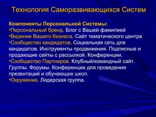 Технология Саморазвивающихся Систем Компоненты Персональной Системы: Персональный бренд . Блог с Вашей фамилией Видение Вашего бизнеса . Сайт тематического центра Сообщество кандидатов . Социальная сеть для кандидатов. Инструменты продвижения. Подписные и продающие сайты с рассылкой. Конференции. Сообщество Партнеров . Клубный/командный сайт. Группы. Форумы. Конференции для проведения презентаций и обучающих школ. Окружение . Лидерская группа. 