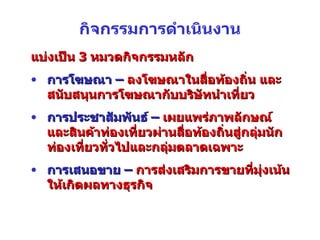 กิจกรรมการดำเนินงาน แบ่งเป็น  3  หมวดกิจกรรมหลัก การโฆษณา –  ลงโฆษณาในสื่อท้องถิ่น และสนับสนุนการโฆษณากับบริษัทนำเที่ยว การประชาสัมพันธ์ –  เผยแพร่ภาพลักษณ์และสินค้าท่องเที่ยวผ่านสื่อท้องถิ่นสู่กลุ่มนักท่องเที่ยวทั่วไปและกลุ่มตลาดเฉพาะ การเสนอขาย –  การส่งเสริมการขายที่มุ่งเน้นให้เกิดผลทางธุรกิจ 