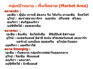 กลุ่มเป้าหมาย  :  พื้นที่ตลาด  (Market Area) ตลาดหลัก  :   เอเชีย   :  ญี่ปุ่น เกาหลี ฮ่องกง จีน ไต้หวัน มาเลเซีย  สิงคโปร์  ยุโรป  :   สหราชอาณาจักร   เยอรมัน  ฝรั่งเศส  สวีเดน  อเมริกา  :   สหรัฐอเมริกา  แปซิฟิคใต้   :  ออสเตรเลีย ตลาดรอง  :   เอเชีย  :  อินเดีย  อินโดนีเซีย  ฟิลิปปินส์ อิสราเอล   ยุโรป   :  เนเธอร์แลนด์ อิตาลี สเปน สวิสเซอร์แลนด์ เดนมาร์ก  นอร์เวย์ เบลเยี่ยม ออสเตรีย  ยุโรปตะวันออก  แอฟริกา   :  แอฟริกาใต้ ตลาด  Emerging :   เอเชีย  :  เวียดนาม กลุ่มประเทศตะวันออกกลาง  ยุโรป  :  รัสเซีย  ฟินแลนด์  อเมริกา   :  แคนาดา  แปซิฟิคใต้  :  นิวซีแลนด์  