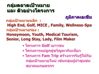 กลุ่มตลาดเป้าหมาย  และ ตัวอย่างโครงการ ภูมิภาคเอเชีย โครงการ  Golf  เยาวชน  โครงการแม่ลูกคู่ขวัญพากันเที่ยว  โครงการ  Fam Trip  สร้างการรับรู้ให้กับ   กลุ่มเป้าหมายใหม่ เช่นกลุ่มผู้นำชุมชน    สมาคมเกษตรกร  กลุ่มเป้าหมายหลัก  :   High End, Golf, MICE ,   Family, Wellness-Spa กลุ่มเป้าหมายรอง  :    Honeymoon, Youth, Medical Tourism,   Senior, Long Stay, Lady, Film Maker 