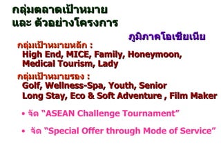 ภูมิภาคโอเชียเนีย จัด “ ASEAN Challenge Tournament ”  จัด “ Special Offer through Mode of Service ”  กลุ่มตลาดเป้าหมาย  และ ตัวอย่างโครงการ กลุ่มเป้าหมายหลัก  :     High End, MICE, Family, Honeymoon,    Medical Tourism, Lady กลุ่มเป้าหมายรอง   :     Golf, Wellness-Spa, Youth, Senior Long Stay, Eco & Soft Adventure , Film Maker 