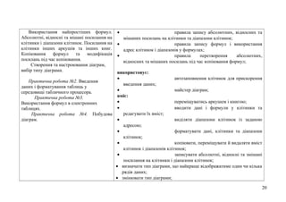 Використання найпростіших формул.
Абсолютні, відносні та мішані посилання на
клітинки і діапазони клітинок. Посилання на
клітинки інших аркушів та інших книг.
Копіювання формул та модифікація
посилань під час копіювання.
Створення та настроювання діаграм,
вибір типу діаграми.
Практична робота №2. Введення
даних і форматування таблиць у
середовищі табличного процесора.
Практична робота №3.
Використання формул в електронних
таблицях.
Практична робота №4. Побудова
діаграм.
• правила запису абсолютних, відносних та
мішаних посилань на клітинки та діапазони клітинок;
• правила запису формул і використання
адрес клітинок і діапазонів у формулах;
• правила перетворення абсолютних,
відносних та мішаних посилань під час копіювання формул;
використовує:
• автозаповнення клітинок для прискорення
введення даних;
• майстер діаграм;
вміє:
• переміщуватись аркушем і книгою;
• вводити дані і формули у клітинки та
редагувати їх вміст;
• виділяти діапазони клітинок із заданою
адресою;
• форматувати дані, клітинки та діапазони
клітинок;
• копіювати, переміщувати й видаляти вміст
клітинок і діапазонів клітинок;
• записувати абсолютні, відносні та змішані
посилання на клітинки і діапазони клітинок;
• визначати тип діаграми, що найкраще відображатиме один чи кілька
рядів даних;
• змінювати тип діаграми;
20
 