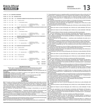 3




Diário Oficial
 GUARUJÁ
                                                                                                                                                 sÁbAdo
                                                                                                                                                 5 de novembro de 2011
                                                                                                                                                                                        13
                                                                                                  I – Tempo líquido de serviço no magistério público municipal de Guarujá, em dias corridos até 31 de
                                                                                                  outubro de 2011, multiplicado por 0,01 (um centésimo), descontando-se as faltas injustificadas;
                                                                                                  II – Tempo líquido de serviço na Unidade Escolar, no campo de atuação na função, em dias
                                                                                                  corridos até 31 de outubro de 2011, multiplicados por 0,1 (um décimo), descontando-se as faltas
                                                                                                  injustificadas;
                                                                                                  III – Certificado de aprovação em concurso público no município de Guarujá, na área de atuação,
                                                                                                  no emprego que ocupa, até o limite de um, serão atribuídos 5,00 (cinco) pontos;
                                                                                                  IV – Licenciatura na área de Educação, não exigida para o emprego, até o limite de um, serão
                                                                                                  atribuídos dois pontos 2,00 (dois) pontos;
                                                                                                  V – Pós-graduação, Lato Sensu na área de Educação, até o limite de um, serão atribuídos 3,00 (três)
                                                                                                  pontos;
                                                                                                  VI – Diploma de mestre na área de Educação, até o limite de um, serão atribuídos 5,00 (cinco)
                                                                                                  pontos;
                                                                                                  VII – Diploma de doutor na área de Educação, até o limite de um, serão atribuídos 10,00 (dez)
                                                                                                  pontos;
                                                                                                  VIII - Os títulos de Mestre e Doutor não serão cumulativos para efeito de pontuação;
                                                                                                  IX – Cursos de capacitação na área de Educação, reconhecidos pelo Ministério de Educação e
                                                                                                  Cultura – MEC e os autorizados pela Secretaria Municipal de Educação – SEDUC, máximo de 150
                                                                                                  horas, realizados no período de 01 de novembro de 2009 até 31 de outubro de 2011, será atribuído
                                                                                                  0,01 (um centésimo) por hora.
                                                                                                  Art. 3º Os Professores de Educação Básica I – substitutos serão classificados de acordo com o
                                                                                                  somatório de:
                                                                                                  I – Tempo líquido de serviço no magistério público municipal de Guarujá, em dias corridos até 31 de
                                                                                                  outubro de 2011, multiplicado por 0,01 (um centésimo), descontando-se as faltas injustificadas;
                                                                                                  II – Dias trabalhados na regência de classes, na rede de ensino municipal de Guarujá, até 31 de
                                                                                                  outubro de 2011, multiplicado por 0,01 (um centésimo), por dia de serviço, descontando-se as
                                                                                                  faltas injustificadas;
                                                                                                  III – Certificado de aprovação em Concurso Público no Município de Guarujá, na área de atuação,
                                                                                                  no emprego que ocupa, até o limite de um, serão atribuídos 5,00 (cinco) pontos;
                                                                                                  IV – Licenciatura na área de Educação, não exigida para o exercício do emprego, até o limite de um,
                                                                                                  serão atribuídos 2,00 (dois) pontos;
                                                                                                  V - Pós-graduação, Lato Sensu na área de Educação, até o limite de um, serão atribuídos 3,00 (três)
                                                                                                  pontos;
                                                                                                  VI - Diploma de mestre na área de Educação até o limite de um, serão atribuídos 5,00 (cinco)
                                                                                                  pontos;
                                                                                                  VII - Diploma de Doutor na área de Educação, até o limite de um, serão atribuídos 10,00 (dez)
                                                                                                  pontos;
                                                                                                  VIII - Os títulos de Mestre e Doutor não serão cumulativos para efeito de pontuação;
                                                                                                  IX – Cursos de capacitação, na área de Educação, reconhecidos pelo Ministério de Educação e
                                                                                                  Cultura – MEC e os autorizados pela Secretaria Municipal de Educação – SEDUC, máximo de 150
                                                                                                  horas, realizados no período de 01 de novembro de 2009, até 31 de outubro de 2011, será atribuído
                                                                                                  0,01 (um centésimo) por hora.
                                                                                                  Art. 4º Os Professores II, os Professores de Educação Básica III, os Professores de Educação Profissional
                                                                                                  e os Professores de Educação Especial serão classificados de acordo com o somatório de:
                                      d E C R E T o Nº 9.613.                                     I – Tempo líquido de serviço no magistério público municipal de Guarujá, em dias corridos até
            “Dispõe sobre a regulamentação do processo de atribuição de aulas e classes           31 de outubro de 2011, multiplicado por 0,01 (um centésimo), por dia, descontando-se as faltas
               aos professores da Rede Municipal de Ensino para o ano letivo de 2012.”            injustificadas,
MARIA ANToNIETA dE bRITo, Prefeita Municipal de Guarujá, no uso das atribuições que a lei         II – Tempo líquido no magistério na Unidade Escolar, no campo de atuação, na função, em dias
lhe confere;                                                                                      corridos até 31 de outubro de 2011, multiplicado por 0,1 (um décimo) por dia, descontando-se as
Considerando o disposto na Lei Federal nº 9.394, de 23 de agosto de 1996, que estabelece as       faltas injustificadas;
diretrizes e bases da educação nacional – LDBEN;                                                  III – Tempo líquido de magistério público municipal de Guarujá, no campo de atuação de Professor
Considerando o disposto na Lei Complementar nº 122, de 30 de dezembro de 2009;                    II e Professor de Educação Básica III, em dias corridos até 31 de outubro de 2011, multiplicado por
Considerando as disposições que regem os contratos de trabalho; e,                                0,05 (cinco centésimos), por dia, descontando-se as faltas injustificadas;
Considerando o que consta no processo administrativo nº 28768/3418/2011;                          IV – Certificado de aprovação em Concurso Público no município de Guarujá, na área de atuação,
                                            dECRETA:                                              no emprego que ocupa, até o limite de um, serão atribuídos 5,00 (cinco) pontos;
                                              Capítulo I                                          V – Licenciatura curta, 25,0 (vinte e cinco) pontos;
                                           da convocação                                          VI – Licenciatura plena, 50,0 (cinquenta) pontos;
Art. 1º Compete ao Diretor da Unidade de Ensino, ou seu substituto legal, observadas as normas    VII – Pós-graduação, Lato Sensu na área de Educação, até o limite de um, serão atribuídos 3,00
legais e cronograma expedido pela Secretaria Municipal de Educação, constante neste Decreto,      (três) pontos;
convocar os professores em exercício na Unidade Escolar, bem como os afastados a qualquer         VIII – Diploma de mestre na área de Educação, até o limite de um, serão atribuídos 5,00 (cinco)
título, a fim de proceder a entrega de documentos necessários para fins de cálculo de pontuação   pontos;
para classificação, inscrição e posterior atribuição.                                             IX – Diploma de Doutor na área de Educação, até o limite de um, serão atribuídos 10 (dez)
§ 1º Os Professores de Educação Básica I, deverão entregar os documentos na sua sede de           pontos;
exercício.                                                                                        X – Cursos de capacitação na área de Educação, reconhecidos pelo Ministério de Educação e
§ 2º Os Professores de Educação Básica I – Substitutos deverão entregar os documentos, para       Cultura – MEC e os autorizados pela Secretaria Municipal de Educação – SEDUC, máximo de 150
classificação geral, na Unidade de Ensino que estiver em exercício na data da convocação.         horas, realizados no período de 01 de novembro de 2009 até 31 de outubro de 2011, será atribuído
§ 3º Os Professores II e os Professores de Educação Básica III poderão proceder a entrega de      0,01 (um centésimo), por hora;
documentos em até 03 (três) Unidades Escolares, onde tenham pontuado.                             XI - Os títulos de Mestre e Doutor não serão cumulativos para efeito de pontuação.
§ 4º Os Professores de Educação Profissional deverão entregar os documentos na Escola Municipal   Art. 5º A pontuação relativa a cursos de capacitação será validada apenas na hipótese da
“1º de Maio”.                                                                                     apresentação de certificados referentes a cursos realizados, comprovadamente, fora do horário
§ 5º Os Professores de Educação Especial deverão entregar os documentos para fins de pontuação    regular de trabalho ou durante ausência com previsão legal.
na Secretaria Municipal de Educação, no Setor de Educação Especial.                               Art. 6º No ato da convocação o Professor II, o Professor de Educação Básica III, o Professor de
Art. 2º Os Professores de Educação Básica I serão classificados de acordo com o somatório de:     Educação Especial e o Professor de Educação Profissional, deverão optar pela jornada semanal
 