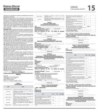 Diário Oficial
 GUARUJÁ
                                                                                                                                                                                  sÁbAdo
                                                                                                                                                                                  5 de novembro de 2011
                                                                                                                                                                                                                                     15
belecidos em regulamento específico, expedido pela Secretaria                                                 Publicação da decisão a respeito dos recursos           04. Licenciatura na área de Educação, não
                                                                                       Até13/12/2011
Municipal de Educação.                                                                                        impetrados no D.O.                                      exigida para o exercício do emprego, até o       2,0            ----
Art. 30. A atribuição decorrente da remoção, nos termos dos ar-                                               Publicação da Classificação Geral pela SEDUC - caso     limite de um.
tigos 19 e 20, deste Decreto, será realizada em data prevista no                         14/12/2011           haja alteração no Centro de Capacitação Prof. Carmine   05. Pós-graduação lato sensu na área de
                                                                                                                                                                                                                       3,0            ----
                                                                                                              Felippelli e SEDUC                                      Educação, até o limite de um.
cronograma de atribuição expedido pela Secretaria Municipal
                                                                                                                                                                      06. Diploma de Mestre na área de Educação,
de Educação, a ser publicada no Diário Oficial do Município.                                                                                                                                                           5,0            ----
                                                                                                             Anexo II                                                 até o limite de um.
Art. 31. O professor que optou por ter atribuídas aulas, bloco de
                                                                                                     FICHA dE CoNVoCAÇÃo                                              07. Diploma de Doutor na área de Educação,
aulas, classes, como carga suplementar de trabalho, quando da                                                                                                         até o limite de um.
                                                                                                                                                                                                                     10,0             ----
                                                                                               PRoFEssoR dE EdUCAÇÃo bÁsICA I
desistência, deverá aguardar em exercício até que as mesmas                                                                                                           08. Cursos de capacitação na área de Educa-
                                                                                   U.E.:________________________________________________                                                                                             Horas
sejam atribuídas a professor com disponibilidade de horário                                                                                                           ção, reconhecidos pelo MEC e os autorizados
                                                                                   Professor(a): _________________________________________                                                                          0,01/h
para ministrá-las.                                                                                                                                                    pela SEDUC, máximo de 150 horas, realizados
                                                                                   situação Funcional: ( ) Estável      ( ) Concursado                                no período de 01/11/2009 até 31/10/2011.
Parágrafo único. O docente que durante o ano desistir de pro-
                                                                                   data de Admissão na P.M.G.: ____/______/_____                                      ToTAL dE PoNTos obTIdos                          ----           ----
jeto, classe ou aula atribuída como carga suplementar de traba-
                                                                                   Início de Exercício na U.E.       no campo de atuação:                             Encargos de Família (n.º de filhos)              ----           ----
lho, estará impedido de assumir outras classes, aulas ou projetos
                                                                                   _____/______/_____
até o encerramento do ano letivo.
                                                                                          Guarujá, _____de ___________________de 2011.                                obs.: * No item: 1 descontar faltas injustificadas.
Art. 32. Durante o ano letivo o professor não poderá desistir
                                                                                               _______________________________                                        * Vedada atribuição cumulativa dos pontos dos títulos de
das aulas e/ou classe que constituem sua jornada semanal, de
                                                                                                           Professor(a)                                               mestre e/ou doutor.
opção, de trabalho docente.
Art. 33. A permanência dos professores que tiveram atribuídas                                                                                                         Concordo com a pontuação: _____/____/_____
                                                                                                             Anexo III                                                             _______________________________
classes ou aulas como carga suplementar, durante o ano letivo,
                                                                                                     FICHA dE CoNVoCAÇÃo                                                                      Professor(a)
dependerá do bom desempenho das atividades e assiduidade
                                                                                         PRoFEssoR dE EdUCAÇÃo bÁsICA I sUbsTITUTo                                                   ___________________________
após avaliação efetuada por equipe gestora da Unidade de Ensi-
                                                                                   U.E.:________________________________________________                                                       Diretor(a)
no e equipe da Secretaria Municipal da Educação.
                                                                                   Professor(a): _________________________________________
Art. 34. Verificada a inexistência de aulas livres ou em substitui-
                                                                                   situação Funcional: Concursado                                                                   Anexo VI - FICHA dE PoNTUAÇÃo
ção na Rede Municipal de Ensino, os professores que não cons-
                                                                                   data de Admissão na P.M.G.: _____/______/______                                                    PARA CLAssIFICAÇÃo GERAL
tituíram sua jornada de opção, poderão desenvolver projeto
                                                                                   Início de regência na P.M.G.:_____/______/_______                                              PRoFEssoR dE EdUCAÇÃo bÁsICA I
pedagógico de reforço escolar ou substituírem professores de
                                                                                          Guarujá, _____de ___________________de 2011.                                U.E.:________________________________________________
disciplina para qual estejam devidamente habilitados na Unida-
                                                                                                _______________________________                                       Professor(a): _________________________________________
de de ensino ou na rede.
                                                                                                            Professor(a)
Art. 35. Para constituir Unidade Sede, o professor deverá ter
atribuída, no mínimo a jornada inicial de trabalho, com aulas li-                                                                                                     PoNTUAÇÃo
                                                                                                                Anexo IV
vres (sem titularidade), em uma das Unidades de ensino, em que
                                                                                                        FICHA dE CoNVoCAÇÃo                                                                  Itens                            Peso       dias       Pontuação
efetuou sua inscrição, com aulas atribuídas.
                                                                                      PRoFEssoR II / PRoFEssoR dE EdUCAÇÃo bÁsICA III/
§ 1º O professor que tiver sua jornada de opção constituída                                                                                                           01. Tempo líquido de serviço no magistério pú-
                                                                                    PRoFEssoR dE EdUCAÇÃo PRoFIssIoNAL/PRoFEssoR dE
por aulas livres (sem titularidade), em mais de uma Unidade de                                                                                                        blico municipal de Guarujá, em dias corridos até        0,01
                                                                                                         EdUCAÇÃo EsPECIAL                                            31/10/2010.
ensino, será considerada unidade Sede onde houver número
                                                                                   U.E.:________________________________________________                              02. Tempo líquido de serviço na Unidade Escolar,
de aulas.
                                                                                   Professor(a): _________________________________________                            no campo de atuação na função, em dias corridos         0,1
§ 2º Quando o professor tiver sua jornada de trabalho constituí-
                                                                                   disciplina: ___________________________________________                            até 31/10/2010.
da em mais de uma Unidade de ensino com mesmo número de
                                                                                   Nível:                                                                             03. Certificado de aprovação em Concurso Público
aulas livres, em cada uma delas, deverá optar pela sede comuni-                                                                                                       no Município de Guarujá, na área de atuação, no         5,0            ----
                                                                                   ( ) Professor II                         ( ) Professor III
cando, por escrito, ao diretor da respectiva Unidade.                                                                                                                 emprego que ocupa, até o limite de um.
                                                                                   ( ) PEB Ed. Profissional       ( ) PEB Ed. Especial
Art. 36. Os casos omissos neste Decreto serão interpretados e                                                                                                         04. Licenciatura na área de Educação, não exigida
                                                                                   data de Admissão na P.M.G.: ____/______/_____                                                                                              2,0            ----
julgados pela Secretaria Municipal de Educação.                                                                                                                       para o exercício do emprego, até o limite de um.
                                                                                   Início de Exercício na U.E.           no campo de atuação:
Art. 37. Este Decreto entra em vigor na data de sua publicação,                                                                                                       05. Pós-graduação lato sensu na área de Educação,
                                                                                   _____/______/_______                                                                                                                       3,0            ----
revogadas as disposições em contrário.                                                                                                                                até o limite de um.
                                                                                   situação Funcional: ( ) Estável          ( ) Concursado    ( )
                   Registre-se e publique-se.                                                                                                                         06. Diploma de Mestre na área de Educação, até o
                                                                                   Promovido                                                                          limite de um.
                                                                                                                                                                                                                              5,0            ----
Prefeitura Municipal de Guarujá, em 04 de novembro de 2011.
                                                                                   Jornada pretendida para o ano letivo de 2012:
                             PREFEITA                                                                                                                                 07. Diploma de Doutor na área de Educação, até
                                                                                                                                                                                                                              10,0           ----
                                                                                   ( ) Inicial – 16 horas-aula semanais                                               o limite de um.
“UAE”/rdl
                                                                                   ( ) Básica – 24 horas-aula semanais                                                08. Cursos de capacitação na área de Educação,
Registrado no Livro Competente                                                                                                                                                                                               Horas
                                                                                   ( ) Integral – 36 horas-aula semanais                                              reconhecidos pelo MEC e os autorizados pela SE-
“UAE GBPRE”, em 04.11.2011                                                                                                                                                                                            0,01/h
                                                                                   ( ) Dedicação Exclusiva – 40 horas-aula semanais                                   DUC, máximo de 150 horas, realizados no período
Renata Disaró Lacerda                                                                                                                                                 de 01/11/2009 até 31/10/2011.
                                                                                           Guarujá, _____de ___________________de 2011.
Pront. n.º 11.130, que o digitei e assino                                                                                                                             ToTAL dE PoNTos obTIdos                                 ----           ----
                                                                                                  _______________________________
                                                                                                               Professor(a)                                           Encargos de Família (n.º de filhos)                     ----           ----
                               Anexo I
                            CRoNoGRAMA                                                                                                                                obs.: * No item: 1 e 2 descontar faltas injustificadas.
                                                                                                 Anexo V - FICHA dE PoNTUAÇÃo
                                                                                                   PARA CLAssIFICAÇÃo GERAL                                           * Vedada atribuição cumulativa dos pontos dos títulos de
         data                                    Ações
                                                                                   1. PEb I - sUbsTITUTo                                                              mestre e/ou doutor.
  Até o dia 08/11/2011   Entrega de documentação dos professores nas U.E.s         U.E.:________________________________________________                              Concordo com a pontuação: _____/____/_____
                                                                                   Professor(a): _________________________________________                                         _______________________________
      16/11/2011
                         Publicação da classificação nas U.E.s e entrega da
                                                                                   PoNTUAÇÃo                                                                                                    Professor(a)
                         Classificação para a SEDUC                                                                                                                                  ___________________________
                         Período para inscrição na(s) U.E.(s) e período para que                                                                                                                 Diretor(a)
    17 e 18/11/2011      entrem com recurso em relação à Classificação nas                            Itens                        Peso       dias     Pontuação
                         U.E.s
                         Período para que as U.Es analisem e respondam aos
                                                                                   01. Tempo líquido de serviço no magistério                                                                 Anexo VII
    Até 23/11/2011                                                                 público municipal de Guarujá, em dias corri-     0,01                                 FICHA dE PoNTUAÇÃo PARA CLAssIFICAÇÃo GERAL
                         recursos impetrados pelos professores
                                                                                   dos até 31/10/2010.
                         Publicação da classificação nas U.Es e, se houver                                                                                               PRoFEssoR II/PRoFEssoR dE EdUCAÇÃo bÁsICA III/
      24/11/2011                                                                   02. Dias trabalhados na regência de classe,
                         alteração entregar classificação para SEDUC               na rede de ensino municipal de Guarujá.
                                                                                                                                    0,01                              PRoFEssoR dE EdUCAÇÃo PRoFIssIoNAL/PRoFEssoR dE
                         Publicação da Classificação Geral pela SEDUC, no          03. Certificado de aprovação em Concurso
                                                                                                                                                                                         EdUCAÇÃo EsPECIAL
      02/12/2011         Centro de Capacitação Prof. Carmine Felippelli e          Público no Município de Guarujá, na área de                                        U.E.:________________________________________________
                         SEDUC                                                                                                      5,0        ----
                                                                                   atuação, no emprego que ocupa, até o limite                                        Professor(a): _________________________________________
    Até 07/12/2011       Período para entrega de recursos na SEDUC                 de um.                                                                             disciplina: ___________________________________________
 