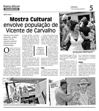 Diário Oficial
                GUARUJÁ
                                                                                                                                                     sÁbAdo
                                                                                                                                                     5 de novembro de 2011
                                                                                                                                                                                          5
                  feira livre


                    Mostra Cultural
                  envolve população de
                   Vicente de Carvalho
                  Literatura de cordel,                  do grupo Afroketu. A literatura          Como entretenimento para
                                                         de cordel foi muito bem repre- as crianças, o xilógrafo Thiago
                  desenhos, grafite,                     sentada pelo poeta Colibri. Os Almeida Reis ensinou a arte de
                  teatro, forró e                        desenhos e o grafite ficaram por origem chinesa, que encantou a
                  capoeira também                        conta de Sérgio Iplinsky e Wilian todos. “Eu adorei a experiência
                                                         Gospel. A produção de teatro foi e quero repetir muitas vezes”,
                  fizeram parte da                       feita pelo Trio Boa Vista e a apre- comemorou Marcele Silva de
                  programação                            sentação do forró                                Oliveira, 9 anos.




                  O
                                                         pé de serra foi abri-                               O secretário
                               cenário da feira livre    lhantada pelo trio             Objetivo          de Cultura explica
                               do último domingo,        Chapéu de Couro.              é resgatar         como tem sido as
                               em Vicente de Car-            E as atrações não                            ações de democrati-                                                            dos presentes
                                                                                        a cultura                                                        Dina Alves arrancou gargalhadas
                               valho, estava dife-       pararam por aí. A                                zação da cultura na                                                         Preguiçoso”
                                                                                                                                                         com a performance “O Marido
                  rente. Música, dança, teatro,          Camerata de Violão           nordestina          Cidade. “A cultura
                  xilogravura, entre outros. Esses       do Município tam-                                nordestina é bas-      nida Presidente Vargas, 266, em    arte, a xilogravura se apresenta
                  atrativos fizeram parte da Mostra      bém deu um brilho                                tante diversificada,   Vicente de Carvalho), ou ainda     como a mais rica e instigante
                  Cultural de Guarujá, iniciativa da     especial à ação cultural. Sob uma vez que foi influenciada por          pelos telefones: 3386-2230 e       expressão plástica da cultura
                  Prefeitura, por meio da Secretaria     a batuta do professor Fabiano indígenas, africanos e europeus.          3383-2948.                         rural brasileira.
                  de Cultura. O objetivo é resgatar      Rabelo dos Santos, os alunos Buscamos a preservação e a                     A xilogravura chegou ao
                  a tradicional cultura nordestina,      deram uma pequena mostra do propagação não só da cultura                Brasil pela primeira vez no        reIsado
                  por isso a escolha do local pelo       que aprenderam durante o ano, nordestina, mas, também levar a           período colonial, na edição de         O Reisado é de origem por-
                  fato da região abrigar um grande       no curso de violão oferecido pela arte a todos os lugares”.             textos sacros, estampa de teci-    tuguesa e instalou-se em Sergipe
                  número de nordestinos.                 Prefeitura.                                                             dos, baralhos e papel de parede.   também no período colonial.
                      Clientes da feira, moradores           Com a performance “O Ma- curso                                      No século XIX foi usada na         Atualmente é dançado em qual-
                  e visitantes se divertiram com a       rido Preguiçoso”, a professora da        Guarujá oferece oficina de     ilustração de livros e periódi-    quer época do ano. Os temas de
                  programação, que incluiu apre-         oficina da Secretaria de Cultura, xilogravura e de outras artes         cos. Já no início do século XX     seu enredo variam de acordo com
                  sentação do Reisado Sergipano,         Dina Alves, arrancou gargalha- em vários espaços da Cidade.             passou a ilustrar as tramas em     o local e a época em que são ence-
                  da Associação Folclórica Bumba         das dos presentes com a demons- Os interessados podem obter             verso dos folhetos de cordel.      nados, podem ser: amor, guerra,
                  Meu Boi e mostra de capoeira,          tração de arte cênica.               informações na Secretaria (Ave-    Em seu desabrochar como            religião entre outros.
Fotos Marcos Miguel




                                                                                                               Os desenhos
                                                                                                               ficaram por
                                                                                                               conta de Sérgio
                                                                                                               Iplinsky




                  A literatura de cordel foi muito bem representada pelo poeta Colibri
 