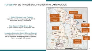 20
FOCUSED ON BIG TARGETS ON LARGE REGIONAL LAND PACKAGE
Soreto-Soreto North
DDH Drilling
Program &
Trenching
Cinnamon North
Prospect
Trenching & DDH
Drilling Program
Leoba-Lerinde Granite
DDH Program &
Trenching
Leocounda Prospect
DDH Drilling Program
& Trenching
Marougou
Prospect
DDH Drilling
Program
Nienienko Main
RC Drilling Program
Marougou West
Prospect
Trenching & DDH
Drilling Program
Bransan
Trenching &
Drilling Program
KA Prospect
DDH Drilling
Program
~1,000km² Regional Land Package
Exploration permits encompassing large of land
surrounding Teranga’s mine license
First Discovery: High-Grade Gora
~5 grams per tonne deposit developed in 2015
Increasing Exploration Spend & Bench Strength
Focused on large discoveries – Increased focus in the
last six months has advanced a number of prospects
that are currently in drilling phase
 