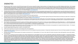 30
ENDNOTES
1. Net Present Value (“NPV”) per share is a Non-IFRS financial measure. NPV per share, average NPV multiple of medium producers, and Teranga’s share price is as per BMO GoldPages published May 2, 2016. According
to BMO GoldPages, NPV per share is calculated using the net present value of the life of mine cash flows based on the NI 43-101 plan, less cash flow of corporate costs, less net debt per share, using the model at SPOT
commodity prices and exchange rates. The “Revalued Share Price” is calculated using the NPV per share at SPOT times the NPV multiples as listed. The NPV calculation assumes a US$1,296 SPOT gold price per ounce,
5% discount, 0.80 USD/CAD exchange rate. For more information regarding Non-IFRS financial measures, please refer to Non-IFRS Performance Measures in the Company’s Management’s Discussion and Analysis for
the three months ended March 31, 2016 accessible on the Company’s website at www.terangagold.com.
2. Total cash costs per ounce and all-in sustaining costs per ounce are non-IFRS financial measures and do not have standard meanings under IFRS. All-in sustaining costs per ounce sold include total cash costs per ounce,
administration expenses (excluding Corporate depreciation expense), Regional Administration Costs, capitalized deferred stripping, capitalized reserve development and mine site & development capital expenditures as
defined by the World Gold Council. For more information regarding these measures, please refer to Non-IFRS Performance Measures in the Company’s Management’s Discussion and Analysis for the three months ended
March 31, 2016 accessible on the Company’s website at www.terangagold.com.
3. Free cash flow and free cash flow per ounce are defined as operating cash flow less capital expenditures.
4. Mineral Reserves and Mineral Resources estimates as at December 31, 2015 as per Company disclosure. For more information regarding Teranga Gold’s Mineral Reserves and Resources, please refer to Teranga Gold’s
December Quarter and Year-end 2015 Report accessible on the Company's website at www.terangagold.com.
5. Over the past several years more than twelve million ounces of measured and indicated resources have been identified within the south eastern Senegal region, including the Massawa, Golouma, Makabingui and Mako
projects, along with the Company’s own Sabodala gold mine. With exploration work completed to date and the prior exploration success seen in the area Management believes there is a reasonable basis to anticipate
future resource to reserve conversion.
6. Key assumptions: This forecast financial information is based on the following material assumptions for 2016: gold price: $1,100 per ounce; Brent oil:$40/barrel; Euro:USD exchange rate of 1.1:1; USD:CAD exchange rate
of 0.7:1. Other important assumptions include: any political events are not expected to impact operations, including movement of people, supplies and gold shipments; grades and recoveries will remain consistent with the
life-of-mine plan to achieve the forecast gold production; and no unplanned delays in or interruption of scheduled production.
7. To better align costs with industry peers, during the first quarter 2016 the Company began to present CSR Expense and Regional Administration Costs separately from Corporate Administration Expense. The Company's
2016 guidance has been updated to reflect this change in accounting presentation.
8. Excludes capitalized deferred stripping costs, included in mine production costs.
9. 22,500 ounces of production are to be sold to Franco-Nevada at 20% of the spot gold price.
10. This production profile is based on existing proven and probable reserves only from the Sabodala mining license as disclosed in Teranga Gold’s December Quarter and Year-end 2015 Report accessible on the Company's
website at www.terangagold.com.
11. Cash flow is the Life of Mine net cash flow based on the Company’s most recent NI 43-101 Technical Report (“43-101 plan”) filed in March 2016, before income taxes, interest, debt repayments, closure costs, dividends
and working capital.
12. There have been no revisions to the resource models for 2015, except for adjustments due to mining depletion and minor revisions to Niakafiri Main, Niakafiri SW, Maki Medina and Diadiako. For estimating 2015 Mineral
Resources, Teranga has implemented a new reporting procedure, which includes the use of open pit shells to constrain open pit resources and reporting underground resources separately. For reporting of open pit Mineral
Resources, open pit shells were produced for each of the resource models using Whittle open pit optimization software. Only classified blocks greater than or equal to the open pit cut-off grades and within the open pit
shells were reported. This is in compliance with the CIM (2014) resource definition requirement of “reasonable prospects for eventual economic extraction”. For reporting of underground Mineral Resources, only classified
blocks greater than or equal to the underground cut-off grade outside of the open pit shells were reported. This is in compliance with CIM (2014) resource definition requirements. In addition, Deswik Stope Optimizer
software was used to generate wireframe models to constrain blocks satisfying minimum size and continuity criteria, which were used for reporting Sabodala underground Mineral Resources. The significant change
between the Mineral Resources reported for 2014 and 2015 is due to this new reporting procedure, where the 2015 year end Mineral Resources have been constrained using open pit shells along with revised gold cut-off
grades for both open pit and underground resources. Previously classified Mineral Resources that do not satisfy the revised reporting criteria for 2015 have been excluded, however, remain in the block models as
mineralized material.
 