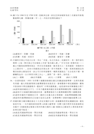 111年學測 第 4 頁
社 會 考 科 共 17 頁
- 4 -
14. 圖 3 為 1500 年 至 1799 年 間，從 歐 洲 出 發，前 往 亞 洲 海 域 貿 易 前 三 名 國 家 的 船 隻
數 量 變 化 圖 。 根 據 該 圖 ， 甲 、 乙 、 丙 依 序 是 哪 些 國 家 ？
(A)葡 萄 牙 、 荷 蘭 、 英 國 (B)西 班 牙 、 英 國 、 荷 蘭
(C)荷 蘭 、 英 國 、 西 班 牙 (D)英 國 、 葡 萄 牙 、 荷 蘭
15. 中 國 的 百 貨 公 司 成 立 以 來 ， 多 以 「 洋 貨 」 為 主 打 商 品 。 民 國 初 年 ， 某 一 事 件 發 生
期 間，上海 一 間百 貨 公 司 在 報 紙 上 刊 登
「 敬 告國 人 書 」
：
「外 交 失敗，悲 憤 同 深，… …
敝 公 司 雖 係 統 辦 環 球 貨 品 ， 然 宗 旨 首 重 國 貨 ， 歐 美 貨 次 之 ， 其 某 國 貨 ， 則 僅 供 市
上 之 需 求 耳 。 」 並 表 示 某 國 貨 品 存 貨 出 清 ， 即 不 再 販 售 。 不 過 ， 抵 制 某 國 貨 品 的
聲 浪 如 排 山 倒 海 而 來 ， 該 公 司 只 好 再 度 聲 明 ： 概 將 某 國 貨 品 「 完 全 收 束 不 賣 ， 寧
願 犧 牲 血本 ， 以示 與 眾 共 棄 之 決 心 。」 請問 「 某 一事 件 」指 的是 ：
(A)三 一 運 動 (B)五 四 運 動 (C)九 一 八 事 變 (D)七 七 事 變
16. 一 份 資 料 提 到 ： 1933 年 的 雙 十 國 慶 酒 會 選 在 臺 北 的 鐵 道 旅 館 舉 辦 ， 出 席 的 貴 賓
有 美 國、義 大 利 駐 臺 領 事 及 臺 灣 總 督 府 高 級 長 官。會 場 懸 掛 中 華 民 國 國 旗，慶 典
中 除 演 奏 中 華 民 國 國 歌 外，還 高 呼
「 中 華 民 國 萬 歲 」
。這 段 資 料 如 何 解 讀 最 合 理 ？
(A)當 時 滿 洲 國 成 立 不 久 ， 日 本 乃 邀 請 滿 洲 國 官 員 來 臺 舉 辦 慶 祝 雙 十 國 慶 活 動
(B)當 時 中 日 兩 國 的 關 係 親 密 和 善 ， 臺 灣 總 督 府 乃 主 動 舉 辦 慶 祝 雙 十 國 慶 酒 會
(C)當 時 來 臺 的 中 國 僑 民 日 多 ， 國 府 已 在 臺 北 設 立 領 事 館 ， 故 能 舉 辦 國 慶 活 動
(D)當 時 的 臺 灣 總 督 府 正 在 進 行 皇 民 化 政 策 ， 故 舉 辦 雙 十 酒 會 來 攏 絡 臺 灣 人 民
17. 某 國 的 動 力 織 布 機 技 術 在 十 九 世 紀 初 獨 步 全 球，該 國 嚴 格 控 管 此 關 鍵 技 術，避 免
秘 密 外 洩。一 名 外 國 技 師 刻 意 潛 入 該 國 工 廠 學 習，花 費 六 個 月 將 所 有 技 術 細 節 記
在 腦 中，回 國 後 憑 記 憶 建 立 相 同 的 動 力 織 布 工 廠，推 動 自 己 國 家 的 工 業 技 術 革 新。
此 情 況 最 可 能 是 ：
(A)他 從 英 國 偷 學 技 術 ， 帶 回 美 國 (B)他 從 英 國 偷 學 技 術 ， 帶 回 日 本
(C)他 從 美 國 偷 學 技 術 ， 帶 回 印 度 (D)他 從 美 國 偷 學 技 術 ， 帶 回 俄 國
（
單
位
：
艘
）
0
500
1000
1500
2000
1500-1549 1550-1599 1600-1649 1650-1699 1700-1749 1750-1799
甲國 乙國 丙國
（年）
圖 3
 