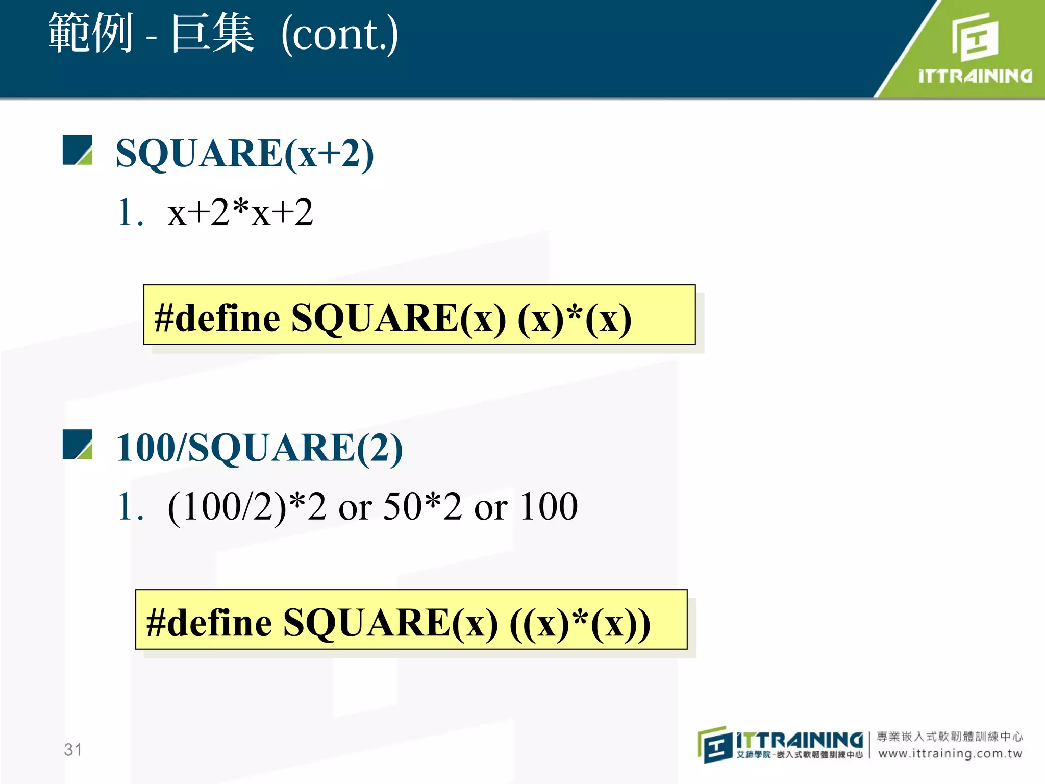 範例 - 巨集 (cont.)

     SQUARE(x+2)
     1. x+2*x+2

       #define SQUARE(x) (x)*(x)
       #define SQUARE(x) (x)*(x)

     100/SQUARE(2)
     1. (100/2)*2 or 50*2 or 100

      #define SQUARE(x) ((x)*(x))
      #define SQUARE(x) ((x)*(x))

31
 