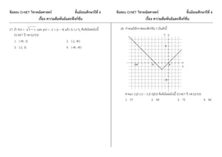 ข้อสอบ O-NET วิชาคณิตศาสตร์ ชั้นมัธยมศึกษาปีที่ 6 ข้อสอบ O-NET วิชาคณิตศาสตร์ ชั้นมัธยมศึกษาปีที่ 6
เรื่อง ความสัมพันธ์และฟังก์ชัน เรื่อง ความสัมพันธ์และฟังก์ชัน
27. ถ้า f(x) = x3  และ g(x) = -2 + |x – 4| แล้ว Df  Rg คือข้อใดต่อไปนี้
(O-NET ปี กศ.52/53)
1. (-, 3] 2. [-2, )
3. [-2, 3] 4. (-, )
28. ก่าหนดให้กราฟของฟังก์ชัน f เป็นดังนี้
ค่าของ 11f(-11) – 3 f(-3)f(3) คือข้อใดต่อไปนี้ (O-NET ปี กศ.52/53)
1. 57 2. 68 3. 75 4. 86
 