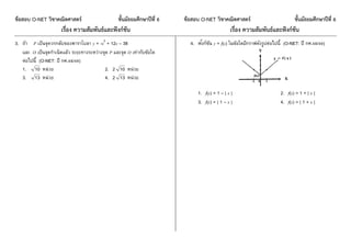 ข้อสอบ O-NET วิชาคณิตศาสตร์ ชั้นมัธยมศึกษาปีที่ 6 ข้อสอบ O-NET วิชาคณิตศาสตร์ ชั้นมัธยมศึกษาปีที่ 6
เรื่อง ความสัมพันธ์และฟังก์ชัน เรื่อง ความสัมพันธ์และฟังก์ชัน
3. ถ้ำ P เป็นจุดวกกลับของพำรำโบลำ y = -x2
+ 12x – 38
และ O เป็นจุดกำเนิดแล้ว ระยะทำงระหว่ำงจุด P และจุด O เท่ำกับข้อใด
ต่อไปนี้ (O-NET: ปี กศ.48/49)
1. 10 หน่วย 2. 2 10 หน่วย
3. 13 หน่วย 4. 2 13 หน่วย
4. ฟังก์ชัน y = f(x) ในข้อใดมีกรำฟดังรูปต่อไปนี้ (O-NET: ปี กศ.48/49)
1. f(x) = 1 – | x | 2. f(x) = 1 + | x |
3. f(x) = | 1 – x | 4. f(x) = | 1 + x |
 