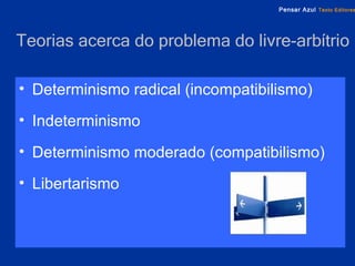 Teorias acerca do problema do livre-arbítrio Determinismo radical (incompatibilismo) Indeterminismo Determinismo moderado (compatibilismo) Libertarismo 