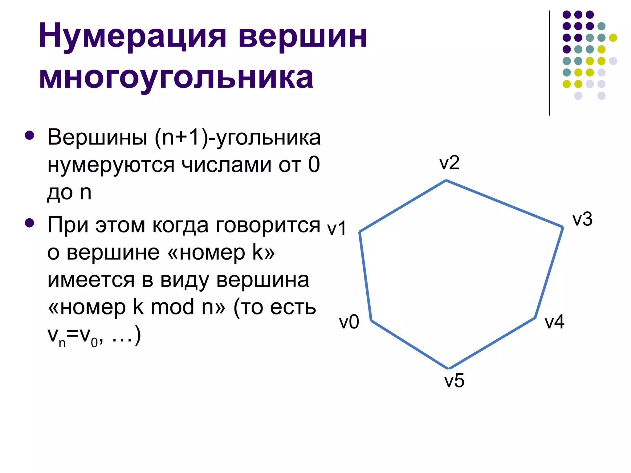 Нумерация вершин многоугольника Вершины  (n+1) -угольника нумеруются числами от 0 до  n При этом когда говорится о вершине «номер  k »   имеется в виду вершина «номер  k mod n »  ( то есть  v n =v 0 , …)   