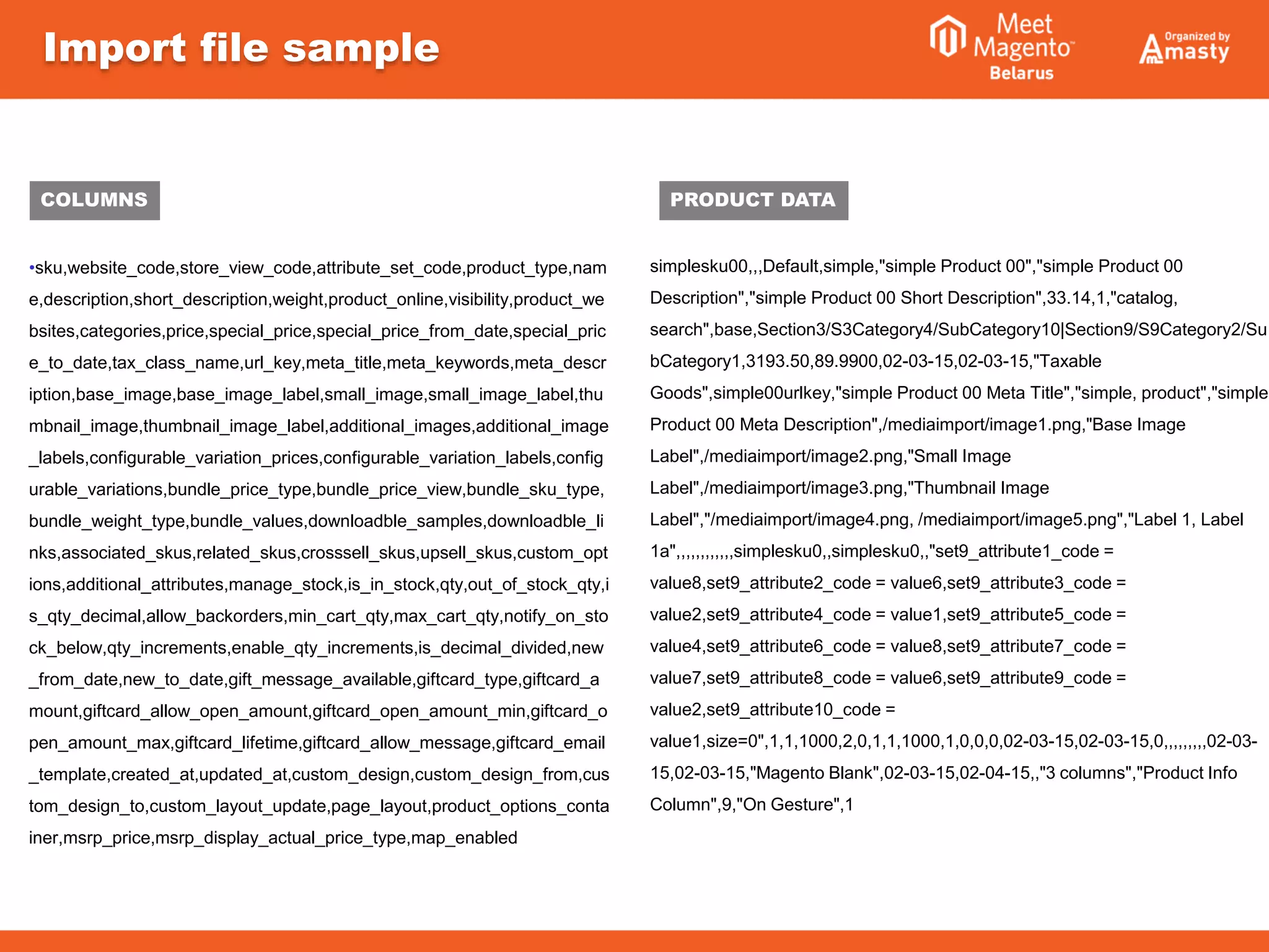 •sku,website_code,store_view_code,attribute_set_code,product_type,nam
e,description,short_description,weight,product_online,visibility,product_we
bsites,categories,price,special_price,special_price_from_date,special_pric
e_to_date,tax_class_name,url_key,meta_title,meta_keywords,meta_descr
iption,base_image,base_image_label,small_image,small_image_label,thu
mbnail_image,thumbnail_image_label,additional_images,additional_image
_labels,configurable_variation_prices,configurable_variation_labels,config
urable_variations,bundle_price_type,bundle_price_view,bundle_sku_type,
bundle_weight_type,bundle_values,downloadble_samples,downloadble_li
nks,associated_skus,related_skus,crosssell_skus,upsell_skus,custom_opt
ions,additional_attributes,manage_stock,is_in_stock,qty,out_of_stock_qty,i
s_qty_decimal,allow_backorders,min_cart_qty,max_cart_qty,notify_on_sto
ck_below,qty_increments,enable_qty_increments,is_decimal_divided,new
_from_date,new_to_date,gift_message_available,giftcard_type,giftcard_a
mount,giftcard_allow_open_amount,giftcard_open_amount_min,giftcard_o
pen_amount_max,giftcard_lifetime,giftcard_allow_message,giftcard_email
_template,created_at,updated_at,custom_design,custom_design_from,cus
tom_design_to,custom_layout_update,page_layout,product_options_conta
iner,msrp_price,msrp_display_actual_price_type,map_enabled
Import file sample
COLUMNS
simplesku00,,,Default,simple,"simple Product 00","simple Product 00
Description","simple Product 00 Short Description",33.14,1,"catalog,
search",base,Section3/S3Category4/SubCategory10|Section9/S9Category2/Su
bCategory1,3193.50,89.9900,02-03-15,02-03-15,"Taxable
Goods",simple00urlkey,"simple Product 00 Meta Title","simple, product","simple
Product 00 Meta Description",/mediaimport/image1.png,"Base Image
Label",/mediaimport/image2.png,"Small Image
Label",/mediaimport/image3.png,"Thumbnail Image
Label","/mediaimport/image4.png, /mediaimport/image5.png","Label 1, Label
1a",,,,,,,,,,,,simplesku0,,simplesku0,,"set9_attribute1_code =
value8,set9_attribute2_code = value6,set9_attribute3_code =
value2,set9_attribute4_code = value1,set9_attribute5_code =
value4,set9_attribute6_code = value8,set9_attribute7_code =
value7,set9_attribute8_code = value6,set9_attribute9_code =
value2,set9_attribute10_code =
value1,size=0",1,1,1000,2,0,1,1,1000,1,0,0,0,02-03-15,02-03-15,0,,,,,,,,,02-03-
15,02-03-15,"Magento Blank",02-03-15,02-04-15,,"3 columns","Product Info
Column",9,"On Gesture",1
PRODUCT DATA
 