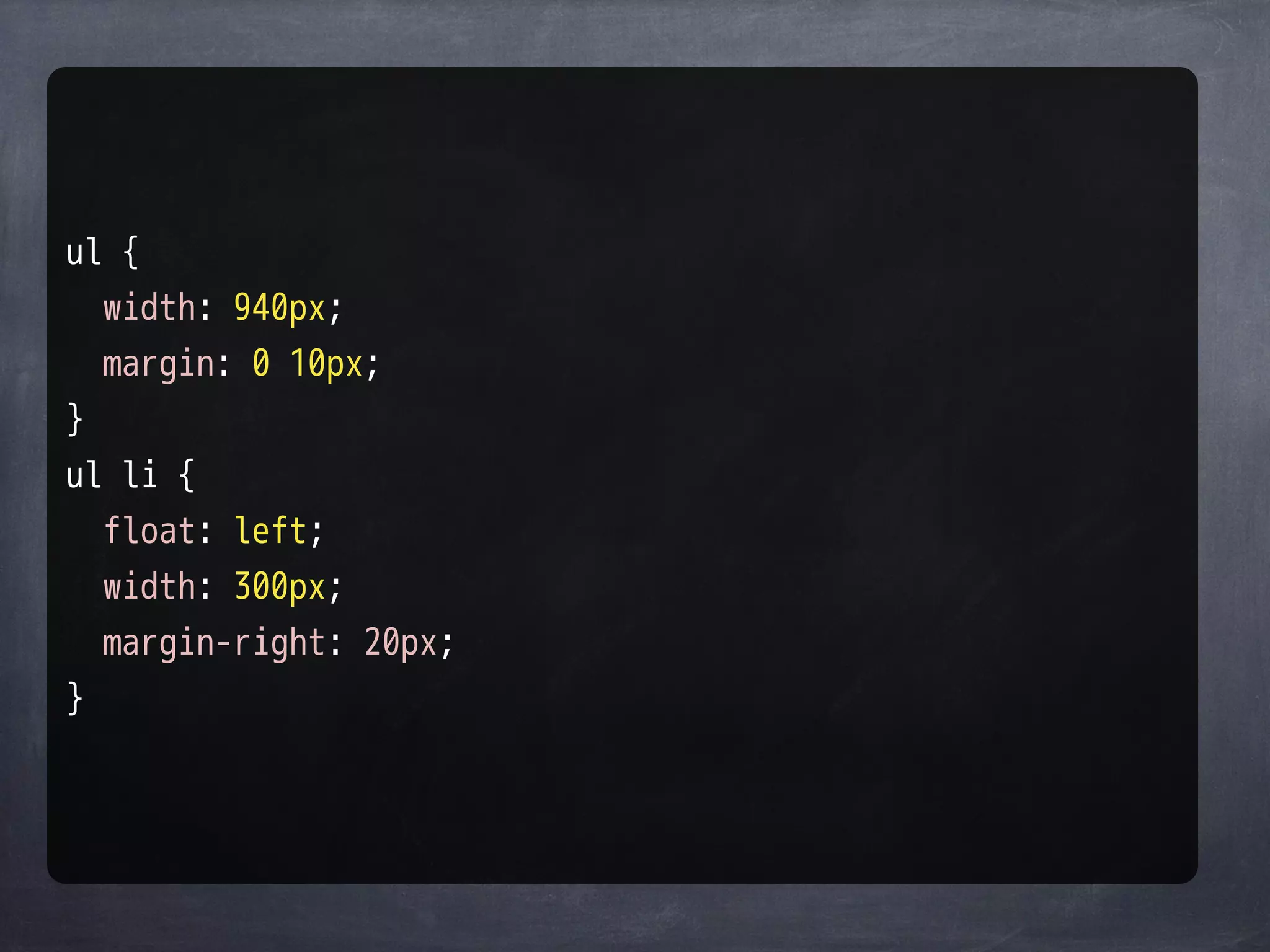 ul {
  width: 940px;
  margin: 0 10px;
}
ul li {
  float: left;
  width: 300px;
  margin-right: 20px;
}
 