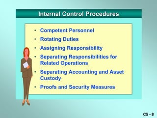 Internal Control Procedures

• Competent Personnel
• Rotating Duties
• Assigning Responsibility
• Separating Responsibilities for
  Related Operations
• Separating Accounting and Asset
  Custody
• Proofs and Security Measures




                                    C5 - 8
 
