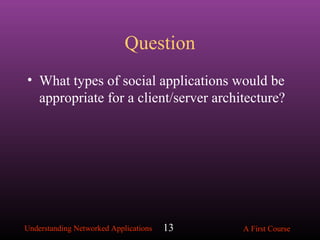 Understanding Networked Applications A First Course13
Question
• What types of social applications would be
appropriate fo...