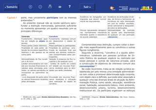 Capítulo I 8
p voltar próxima c
b Sumário Sair c
c Introdução c Capítulo I c Capítulo II c Capítulo III c Capítulo IV c Glossário c Decreto nº 6.170 c Portaria nº 127 c Portaria nº 165 c Portaria nº 342
Ministério do
Planejamento
Secretaria de
Relações
Institucionais
parte, mas unicamente partícipes com as mesmas
pretensões.”1
Ao presente manual não se revela oportuno apro-
fundar a distinção mencionada, parecendo suficiente
no momento apresentar um quadro resumido com as
principais diferenças:
Contrato Convênio
Fundamento: interesses opos-
tos em relação ao objeto do
acordo.
Fundamento: interesse comum
em desenvolver o objeto do
acordo.
Possui partes (lados distintos). Possui partícipes ou participantes.
Finalidade de cada parte: ob-
tenção de proveitos específicos,
distintos e até opostos ao da
outra parte.
Finalidade do partícipe: cons-
trução de resultado final que
atenda aos deveres institucio-
nais compartilhados pelos par-
ticipantes.
Admissibilidade de fins lucrati-
vos e de lucro
Vedação à presença de fins lu-
crativos e de qualquer lucro.
Caráter remuneratório em rela-
ção aos recursos financeiros re-
cebidos pelas atividades pres-
tadas; os valores percebidos se
incorporam ao patrimônio da
parte.
Caráter de auxílio ao custeio
em relação aos recursos finan-
ceiros recebidos para as ativi-
dades que serão prestadas.
Livre disposição da parte sobre
os valores financeiros recebidos
pelas atividades.
Vinculação dos recursos finan-
ceiros recebidos à utilização
para realização do objeto do
convênio.
1
	 MEIRELLES, Hely Lopes. Direito Administrativo Brasileiro. São Pau-
lo: RT, 1996, p. 385.
Existência de obrigações con-
trapostas que devem normal-
mente ser equivalentes.
Existência de atribuições dividi-
das, de forma a harmonizar as
iniciativas de cada interessado
em prol do melhor resultado,
sendo admissível a desigualda-
de entre as atribuições.
Vínculo tipicamente obrigacio-
nal, normalmente inexistindo
liberdade quanto à desistência
do acordo celebrado.
Admissibilidade da extinção
do acordo pelo desinteresse
de qualquer um dos partícipes
(denúncia).
Compreendida essa distinção, cumpre voltar a aten-
ção mais especificamente para os convênios e outras
figuras congêneres.
Segundo a doutrina, “convênio é o ajuste admi-
nistrativo, celebrado por pessoas jurídicas de Di-
reito Público de qualquer espécie ou realizado por
essas pessoas e outras de natureza privada, para
a consecução de objetivos de interesse comum dos
convenentes”.2
Na visão recorrente, trata-se de relação jurídica es-
tabelecida por pelo menos uma entidade administrati-
va com vistas a promover determinada ação conjunta,
com objeto claro e definido, que pode estar associado a
qualquer uma das diversas áreas de atuação da Admi-
nistração Pública, como saúde, educação, assistência
social, habitação, saneamento básico, meio ambiente,
desenvolvimento urbano, turismo, desenvolvimento
institucional etc. Os partícipes organizam os esforços
2
	 GASPARINI, Diógenes. Direito Administrativo. São Paulo: Saraiva,
2006, p. 728.
 