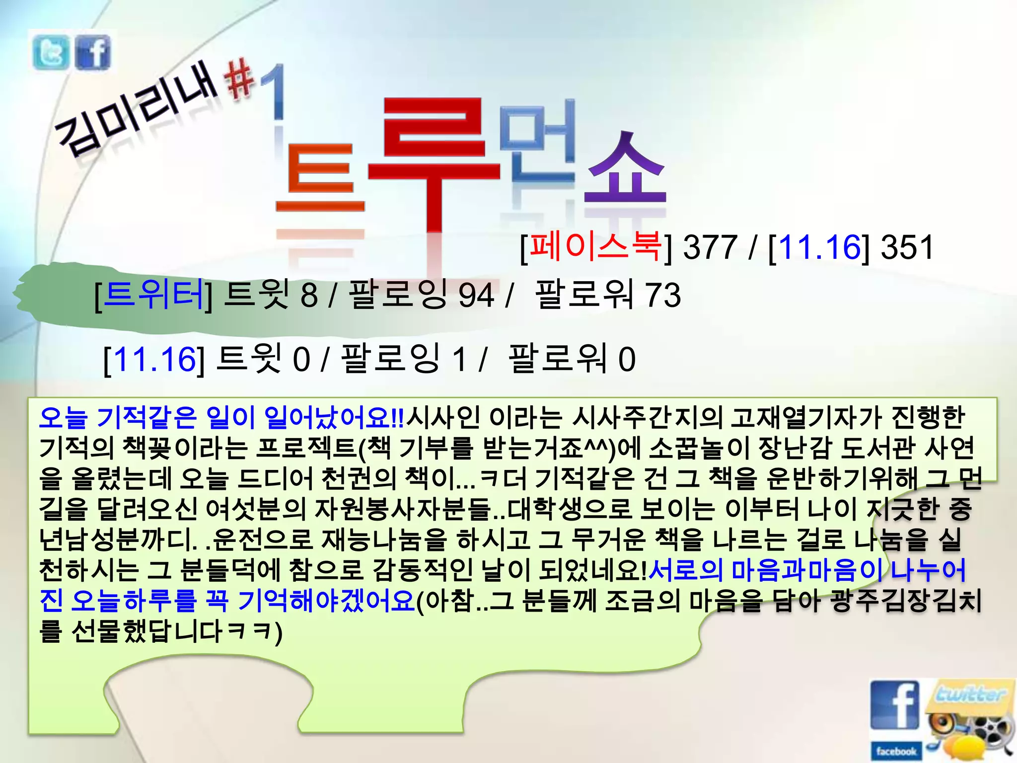 [페이스북] 377 / [11.16] 351
[트위터] 트윗 8 / 팔로잉 94 / 팔로워 73
[11.16] 트윗 0 / 팔로잉 1 / 팔로워 0
오늘 기적같은 일이 일어났어요!!시사인 이라는 시사주간지의 고재열기자가 진행한
기적의 책꽂이라는 프로젝트(책 기부를 받는거죠^^)에 소꿉놀이 장난감 도서관 사연
을 올렸는데 오늘 드디어 천권의 책이...ㅋ더 기적같은 건 그 책을 운반하기위해 그 먼
길을 달려오신 여섯분의 자원봉사자분들..대학생으로 보이는 이부터 나이 지긋한 중
년남성분까디. .운전으로 재능나눔을 하시고 그 무거운 책을 나르는 걸로 나눔을 실
천하시는 그 분들덕에 참으로 감동적인 날이 되었네요!서로의 마음과마음이 나누어
진 오늘하루를 꼭 기억해야겠어요(아참..그 분들께 조금의 마음을 담아 광주김장김치
를 선물했답니다ㅋㅋ)

 