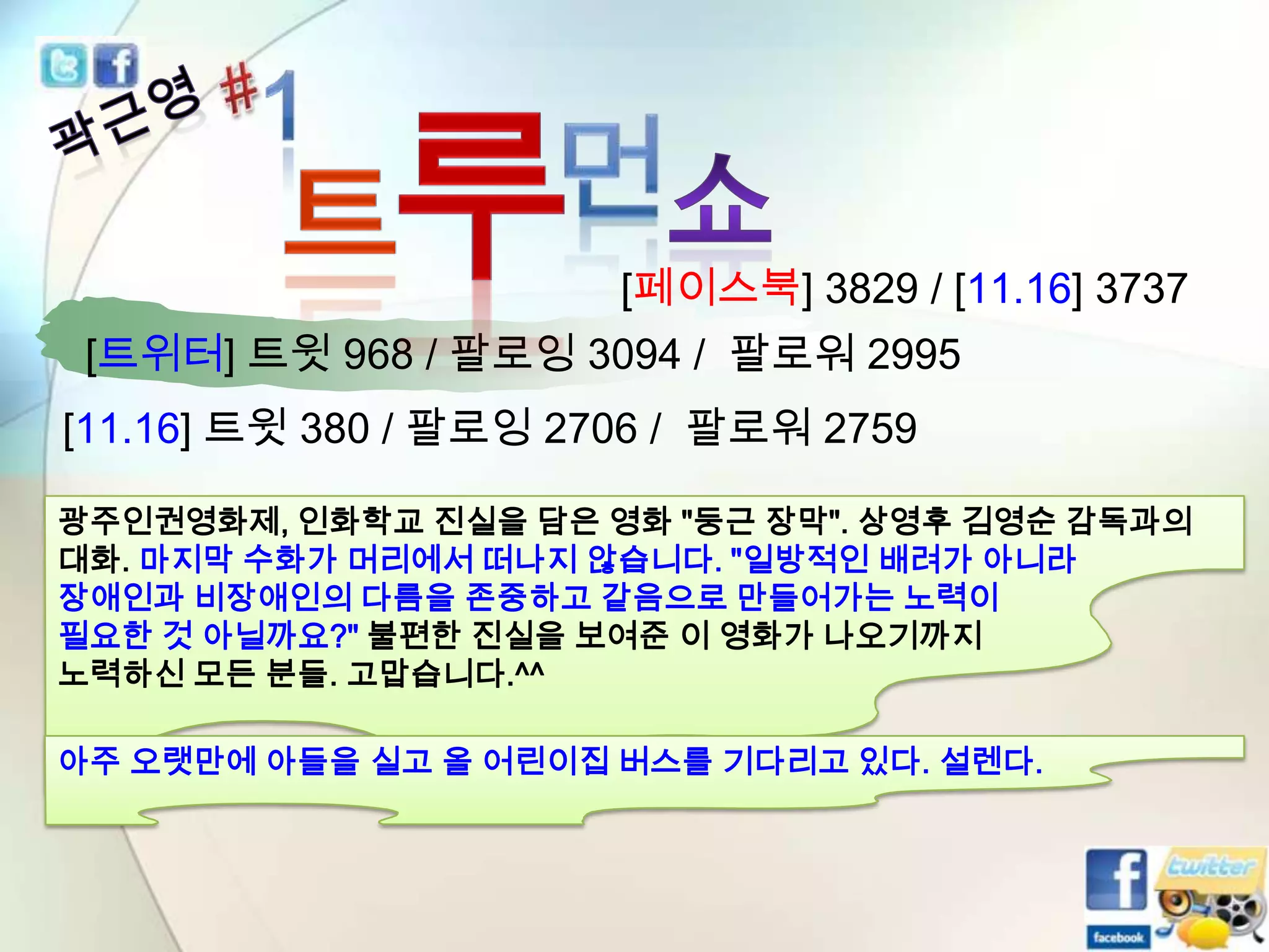 [페이스북] 3829 / [11.16] 3737

[트위터] 트윗 968 / 팔로잉 3094 / 팔로워 2995
[11.16] 트윗 380 / 팔로잉 2706 / 팔로워 2759
광주인권영화제, 인화학교 진실을 담은 영화 "둥근 장막". 상영후 김영순 감독과의
대화. 마지막 수화가 머리에서 떠나지 않습니다. "일방적인 배려가 아니라
장애인과 비장애인의 다름을 존중하고 같음으로 만들어가는 노력이
필요한 것 아닐까요?" 불편한 진실을 보여준 이 영화가 나오기까지
노력하신 모든 분들. 고맙습니다.^^
아주 오랫만에 아들을 실고 올 어린이집 버스를 기다리고 있다. 설렌다.

 