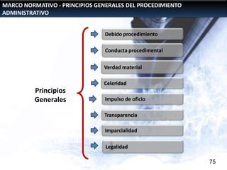 MARCO NORMATIVO - PRINCIPIOS GENERALES DEL PROCEDIMIENTO
ADMINISTRATIVO
Debido procedimiento
Conducta procedimental
Verdad material
Celeridad

Principios
Generales
PARQUES Y JARDINES
PÚBLICOS

SEGURIDAD
CIUDADANA

Impulso de oficio
Transparencia
Imparcialidad
Legalidad
75

 