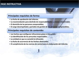 FASE INSTRUCTIVA

Principales requisitos de forma:
• La fecha de aprobación del Informe.
• La recomendación para deslinde de responsabilidades y anexos relacionados.
• El domicilio de las personas comprendidas.
• El cargo desempeñado y periodos de gestión de las personas comprendidas.

Principales requisitos de contenido:
• Los hechos que configuran infracciones grave o muy grave.
• La identificación de los presuntos responsables.
• La entidad en que se cometió la infracción.
• La fecha de ocurrencia de los hechos observados.
• El cumplimiento de las normas de control para la elaboración del Informe.

 