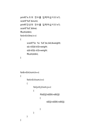 printf("노드의 갯수를 입력하십시오n");
scanf("%d",&num);
printf("간선의 갯수를 입력하십시오n");
scanf("%d",&line);
fflush(stdin);
for(i=0;i<line;i++)
{
       scanf("%c %c %d",&c,&d,&weight);
       a[c-65][d-65]=weight;
       a[d-65][c-65]=weight;
       fflush(stdin);
}




for(k=0;k<num;k++)
{
       for(i=0;i<num;i++)
       {
                 for(j=0;j<num;j++)
                 {
                        if(a[i][j]>a[i][k]+a[k][j])
                        {
                                a[i][j]=a[i][k]+a[k][j];


                        }
                 }
       }
}
 
