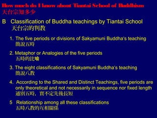 How much do I know about Tiantai School of Buddhism
天台宗知多少
B Classification of Buddha teachings by Tiantai School
天台宗的判教
1. The five periods or divisions of Sakyamuni Buddha‘s teaching
簡說五時
2. Metaphor or Analogies of the five periods
五時的比喻
3. The eight classifications of Sakyamuni Buddha‘s teaching
簡說八教
4. According to the Shared and Distinct Teachings, five periods are
only theoretical and not necessarily in sequence nor fixed length
通別五時，實不定先後長短
5 Relationship among all these classifications
五時八教的互相關係

 