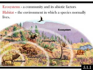 Ecosystems - a community and its abiotic factors
Habitat – the environment in which a species normally
lives.

5.1.1

 
